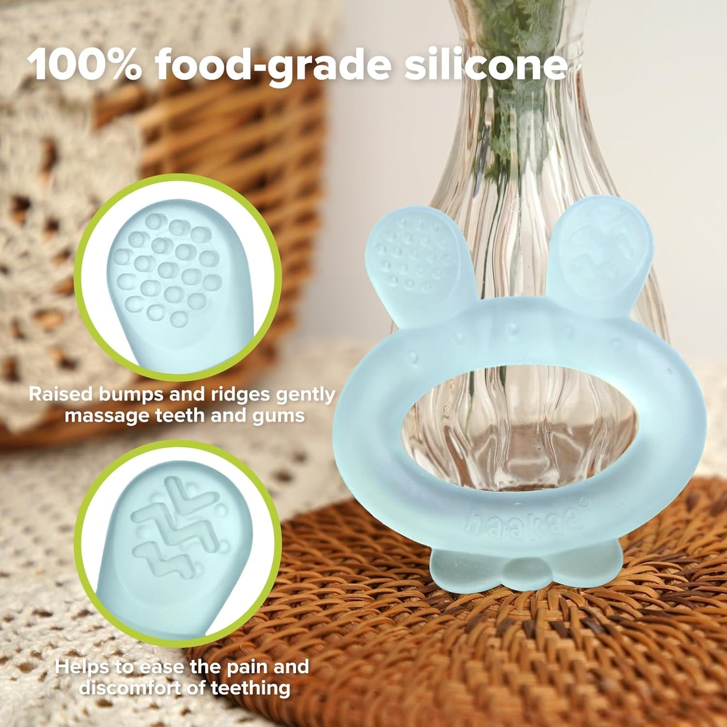 Silicone Baby Teether - Rabbit Ear Frozen Teething Toy for Babies 3-6 Months- Cold Teething Relief - BPA Free Silicone -Blue