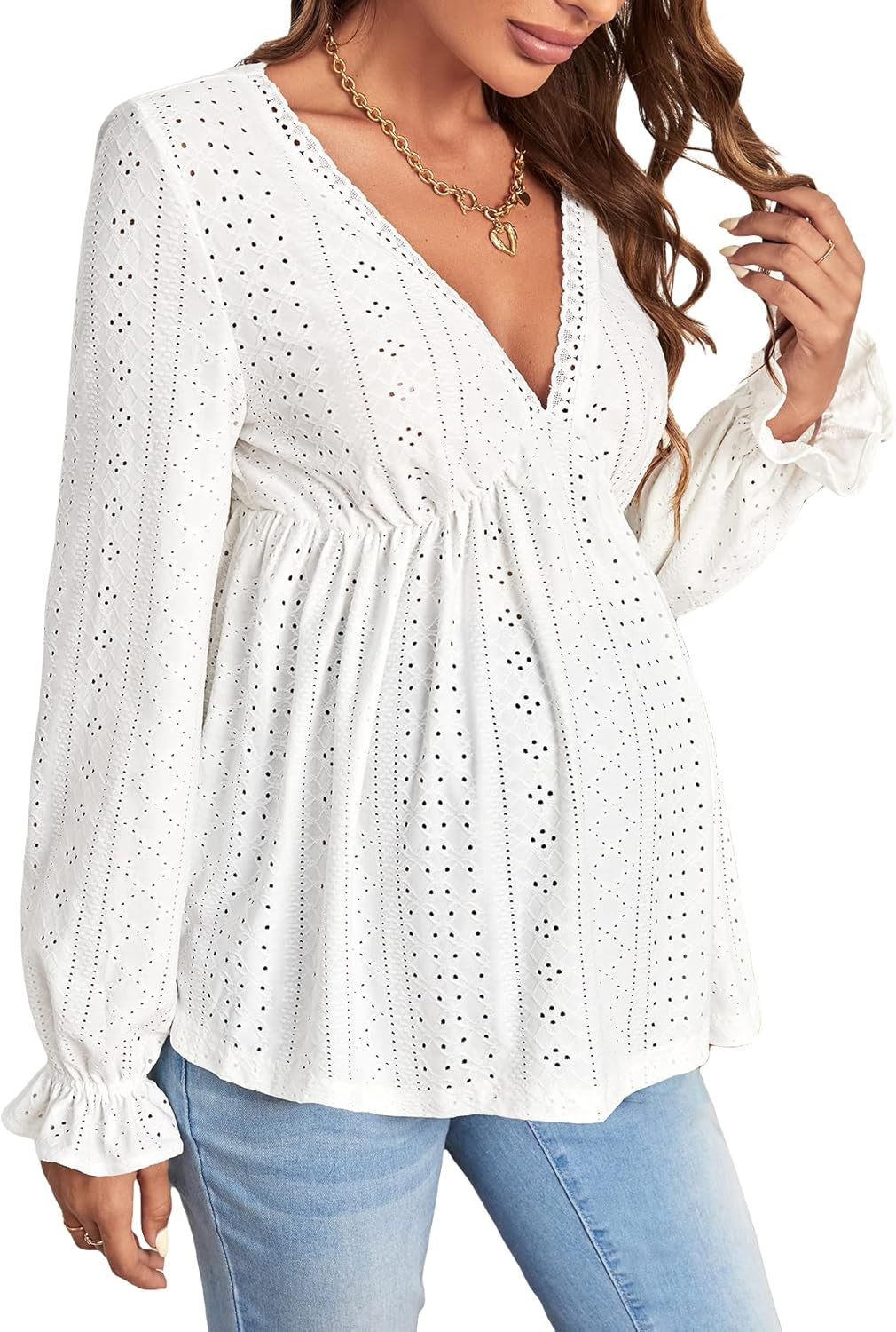 Women'S Maternity Eyelet Embroidery Peplum Tee Flounce Sleeve V Neck Ruffle Hem Shirt Top