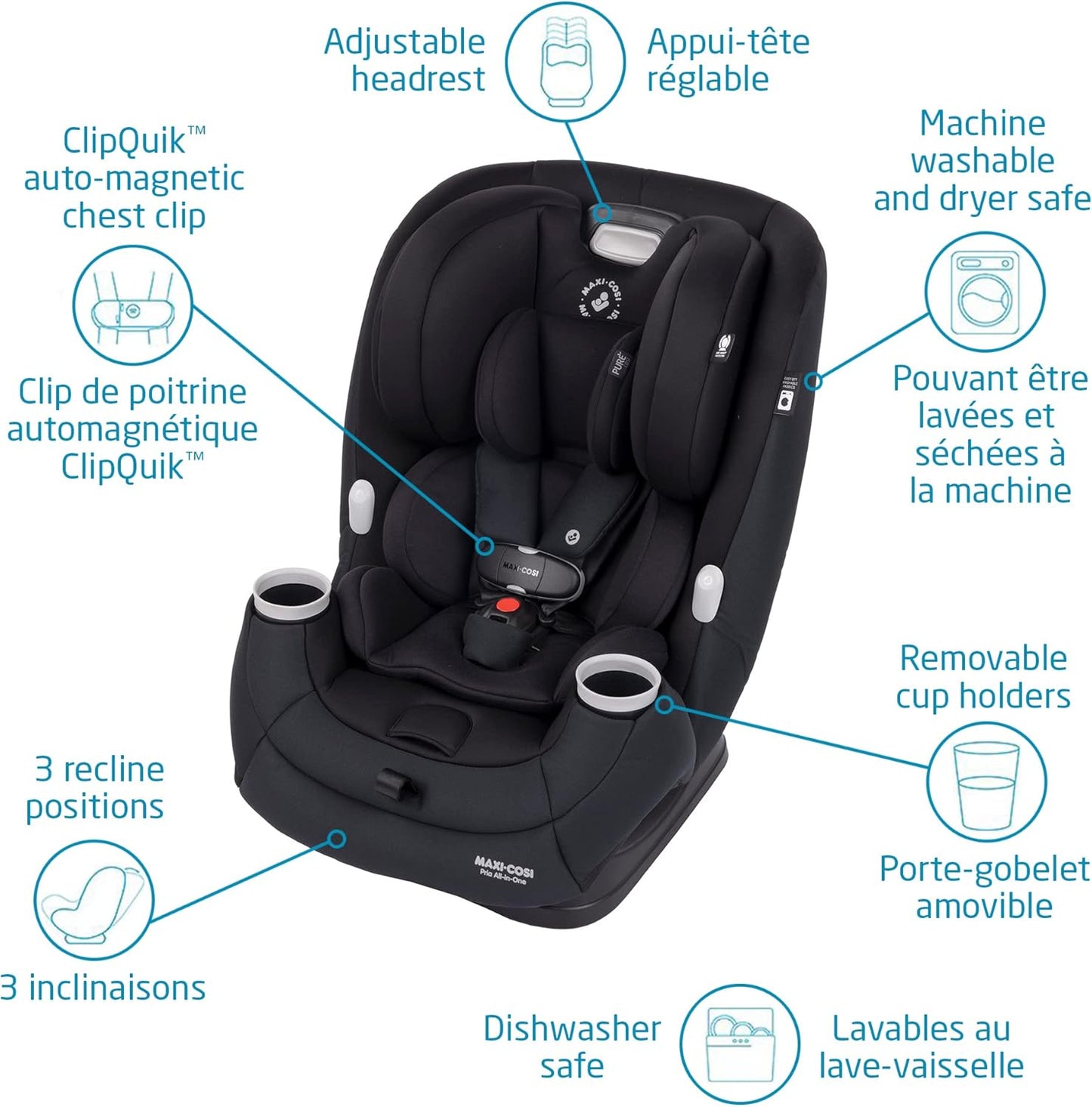 Pria All-In-One Car Seat, 3In1, Convertible from Infant to Toddler, Rear and Forward Facing, Booster Mode, Washable Seat Cover, Authentic Black