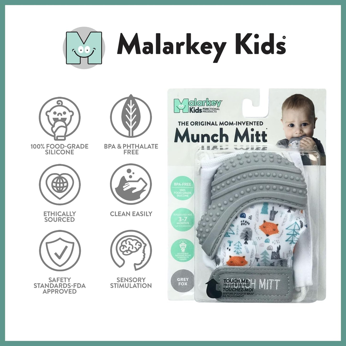 Patented Munch Mitt Baby Teething Mitten – Protects Hands from Chewing & Drool, Soothes Sore Gums, Sensory Toy, Bpa-Free Teether for Babies up to 1-Year-Old - Grey Fox