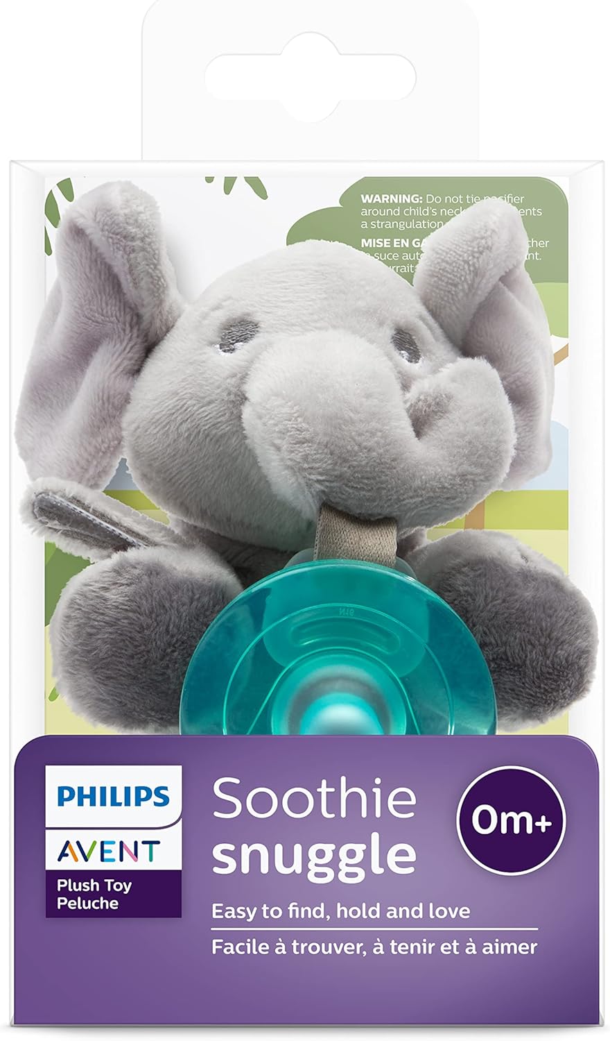 Philips Soothie Snuggle Pacifier Holder with Detachable Pacifier, 0M+, Elephant, SCF347/03