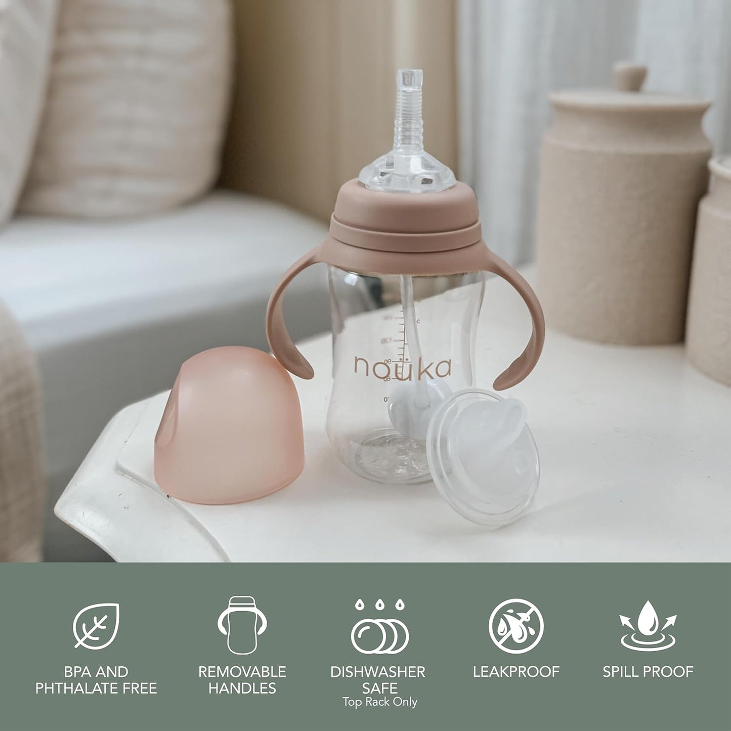 Nouka Tritan Plastic Transitional Sippy Cup with Weighted Straw | Leak Proof and Easy Grip | Removable Handles | Wave