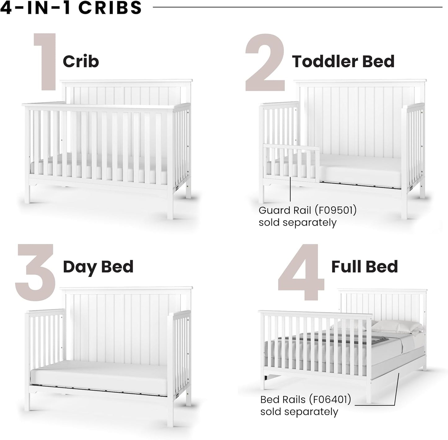 Cottage Flat Top 4 in 1 Convertible Crib, Converts from Crib to Toddler Bed, Daybed and Full-Sized Bed, Fits Standard Crib Mattress (Matte White)