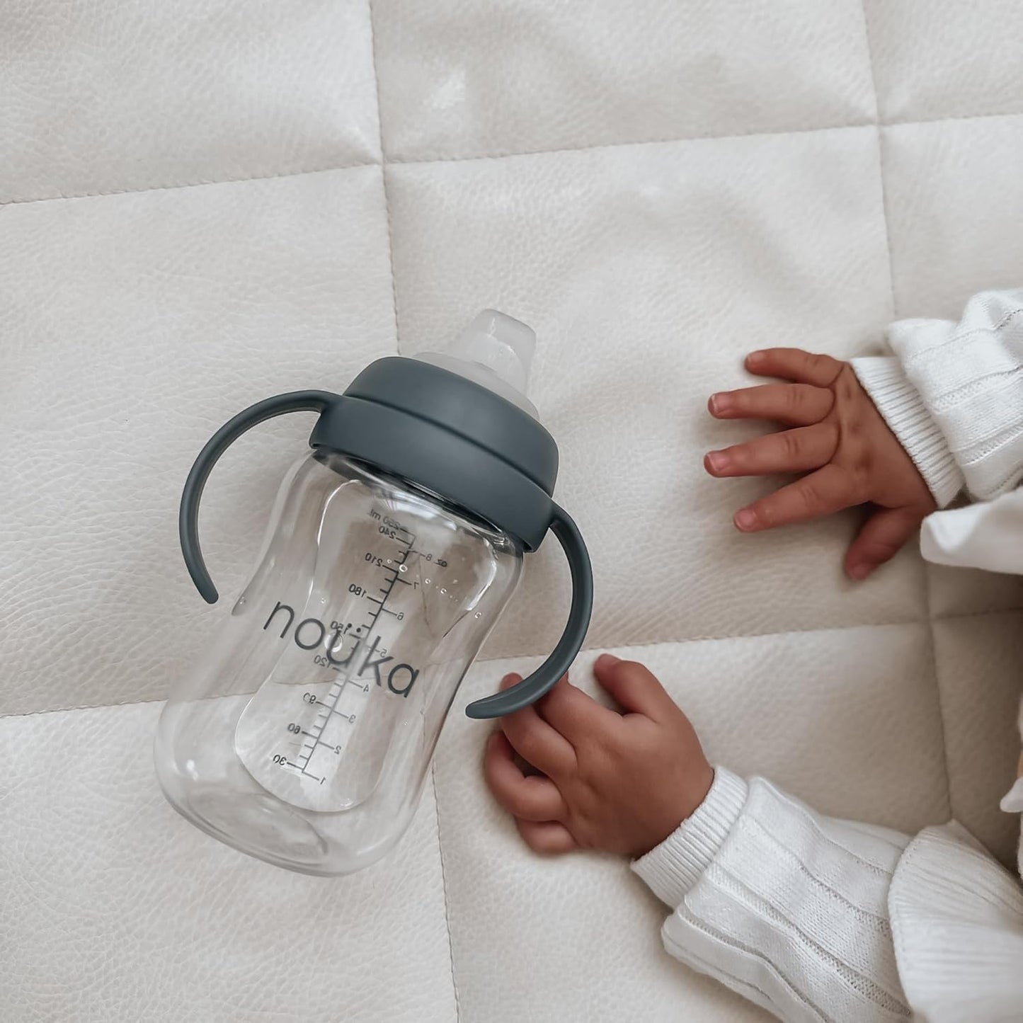 Nouka Tritan Plastic Transitional Sippy Cup with Weighted Straw | Leak Proof and Easy Grip | Removable Handles | Wave