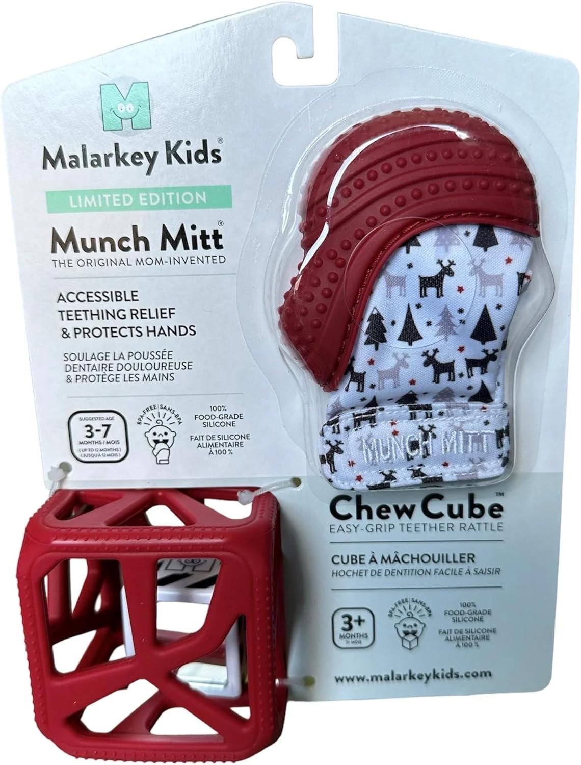 Teething Gift Pack: Munch Mitt and Chew Cube Duo for Babies and Toddlers – Baby Teething Toys for Gum Relief, Sensory Stimulation, Bpa-Free - Red