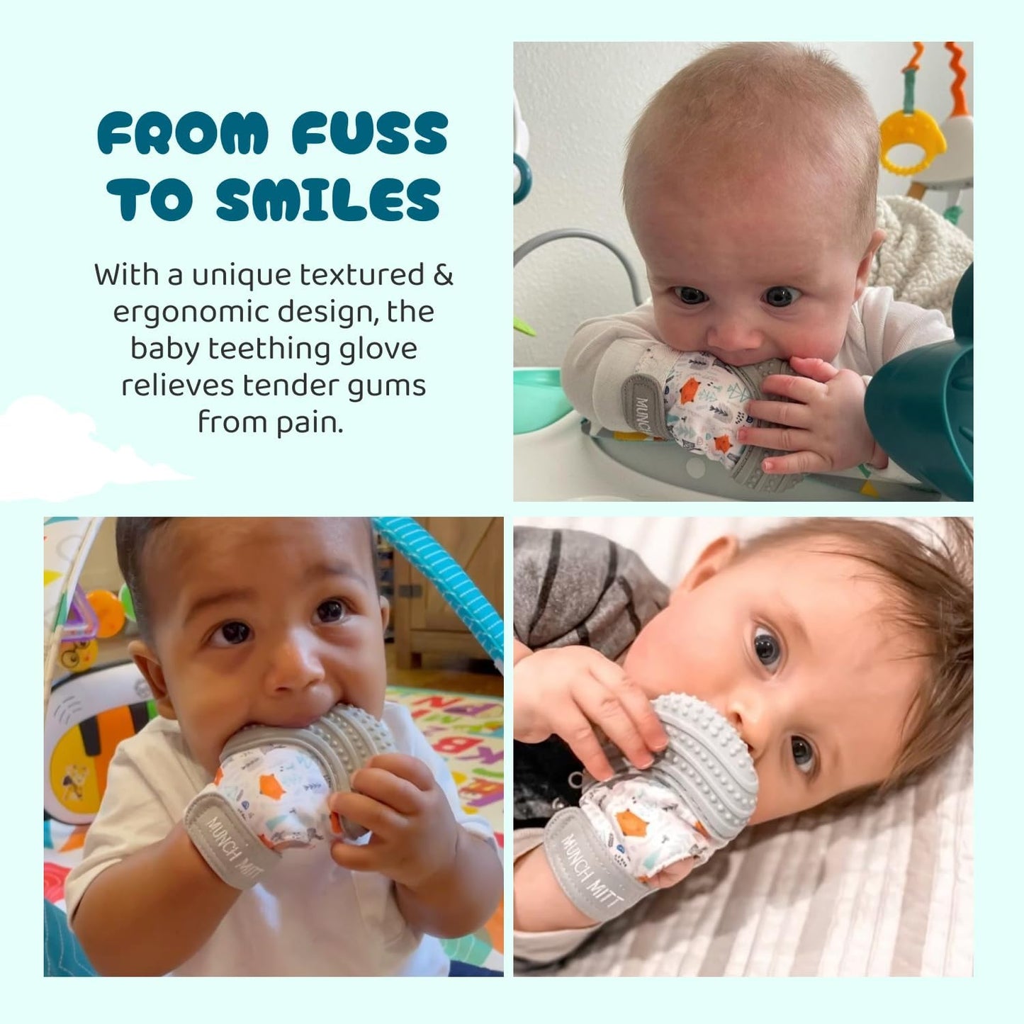 Patented Munch Mitt Baby Teething Mitten – Protects Hands from Chewing & Drool, Soothes Sore Gums, Sensory Toy, Bpa-Free Teether for Babies up to 1-Year-Old - Grey Fox