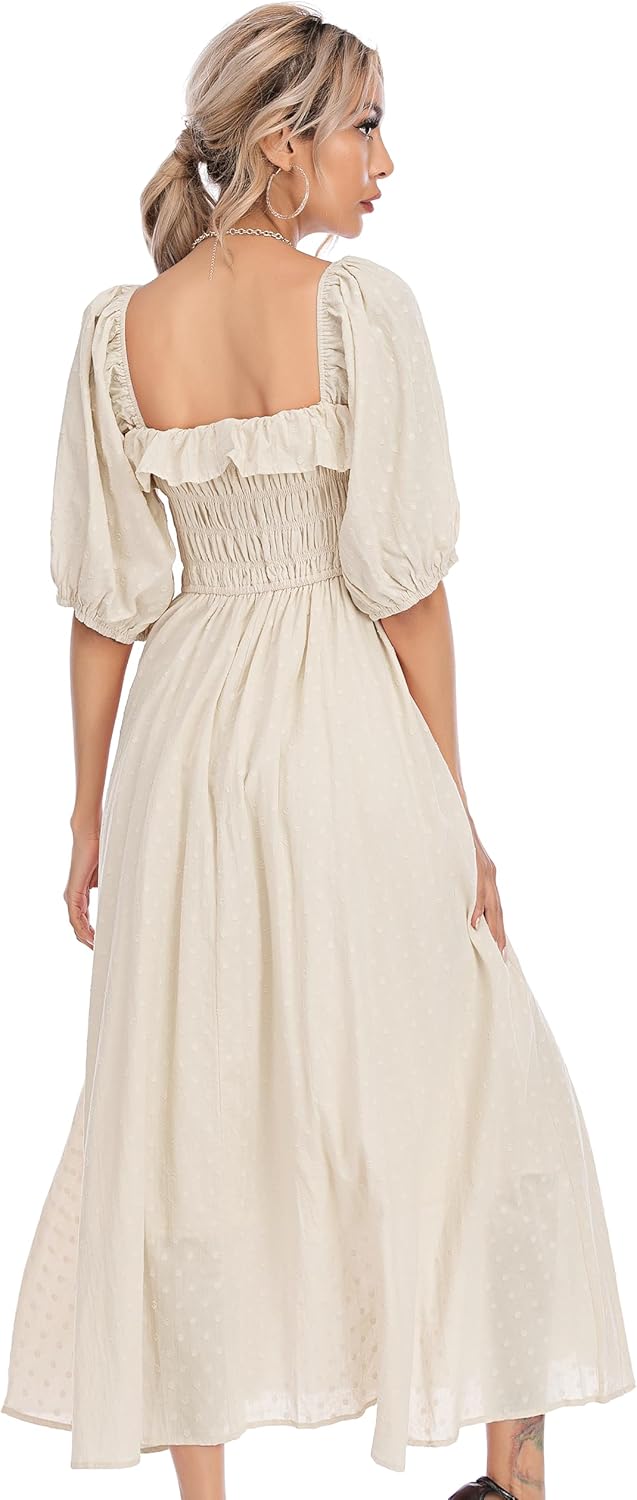 Women Summer Half Sleeve Cotton Ruffled Vintage Elegant Backless a Line Flowy Long Dresses