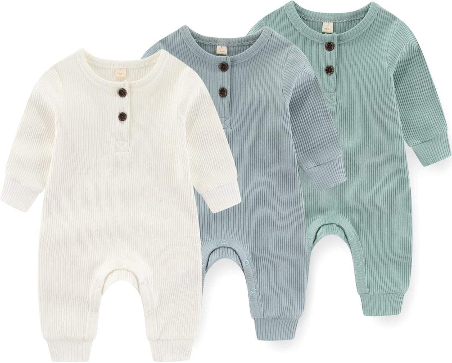 Newborn Baby Boys Girls One Piece Romper with Mitten Cuffs Solid Long Sleeve Ribbed Button Jumpsuit Outfit Clothes