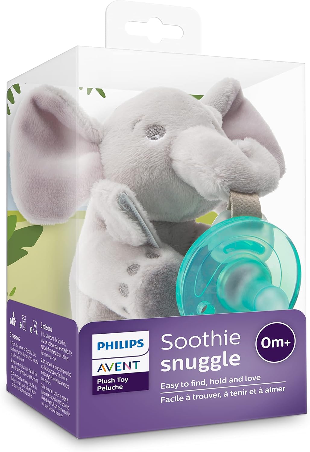Philips Soothie Snuggle Pacifier Holder with Detachable Pacifier, 0M+, Elephant, SCF347/03