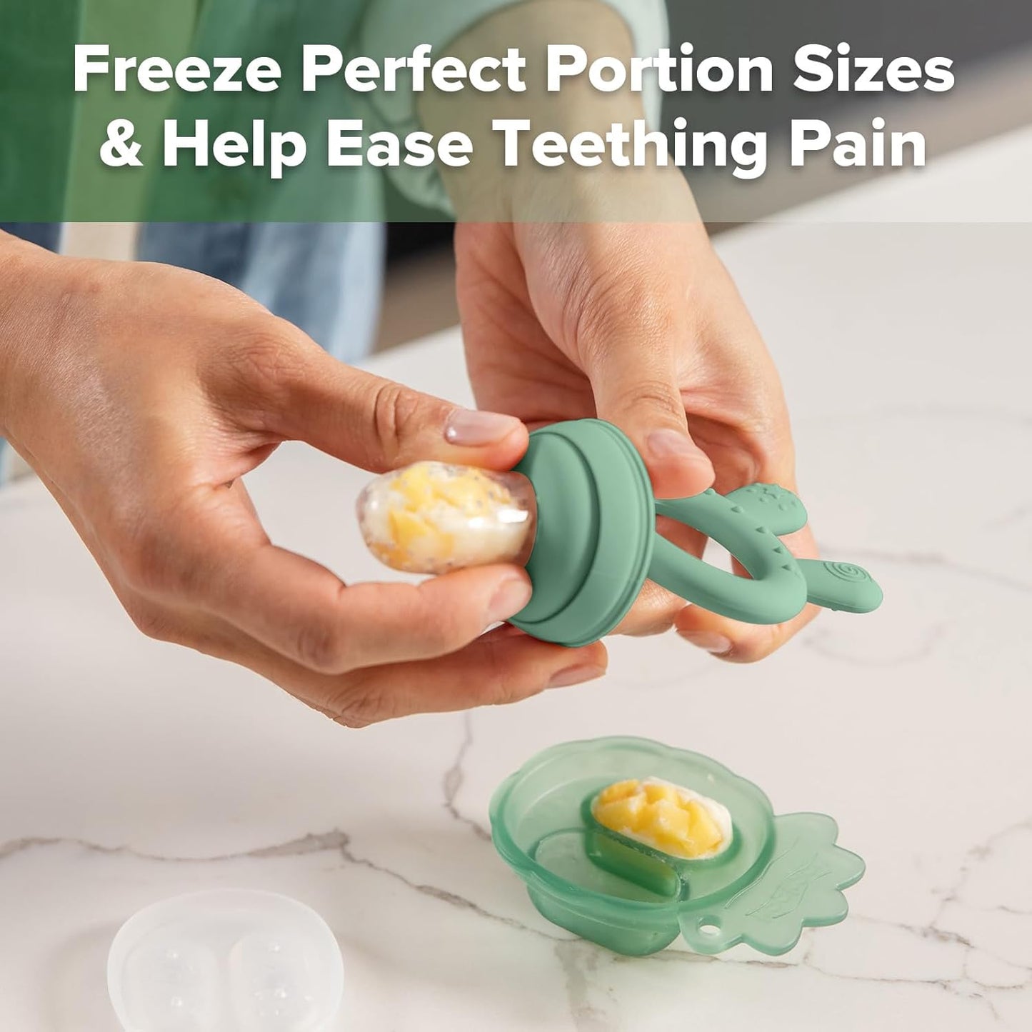 Baby Fruit Food Feeder & Mini Freezer Nibble Tray Combo, Breastmilk Popsicle Molds for Baby Cooling Relief, BPA Free Silicone Feeder for Safe Infant Self Feeding, 4 Month+ (Pea Green)