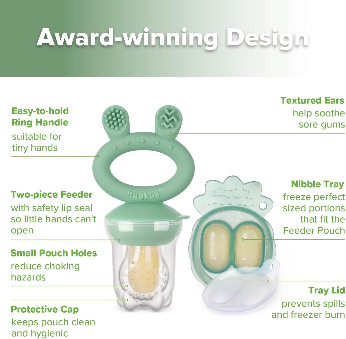 Baby Fruit Food Feeder & Mini Freezer Nibble Tray Combo, Breastmilk Popsicle Molds for Baby Cooling Relief, BPA Free Silicone Feeder for Safe Infant Self Feeding, 4 Month+ (Pea Green)