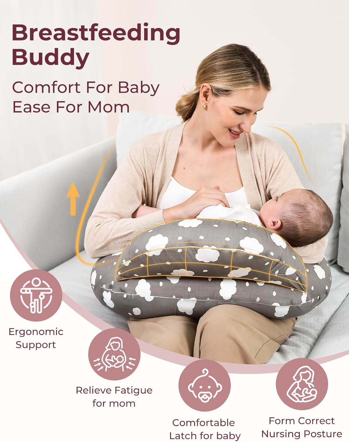 Nursing Pillow for Breastfeeding, Original plus Size Breastfeeding Pillows for More Support for Mom and Baby, with Adjustable Waist Strap and Removable Cotton Cover, Grey