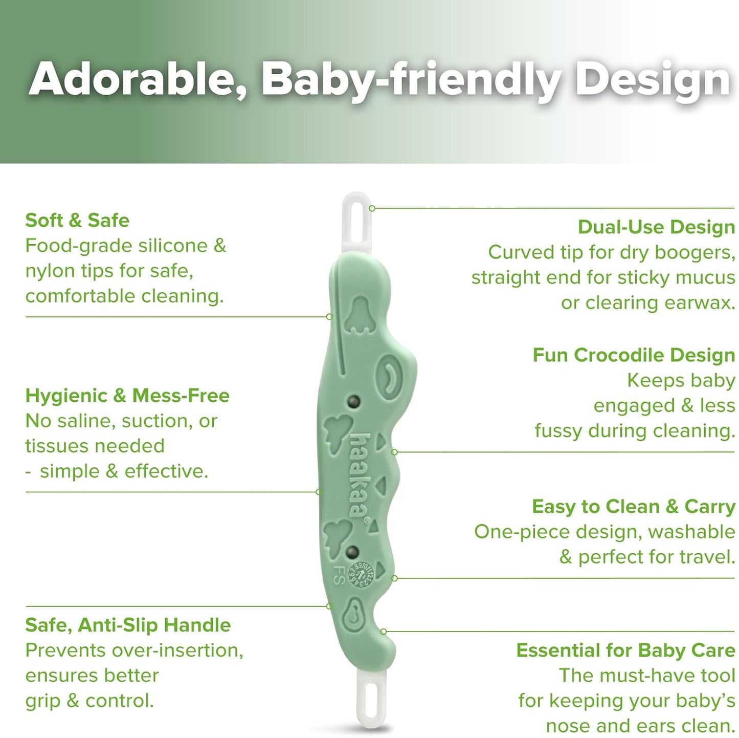 Baby Nose Cleaner & Ear Wax Removal Tool,The Unique Crocodile-Shaped Design,Baby Essentials-Pea Green