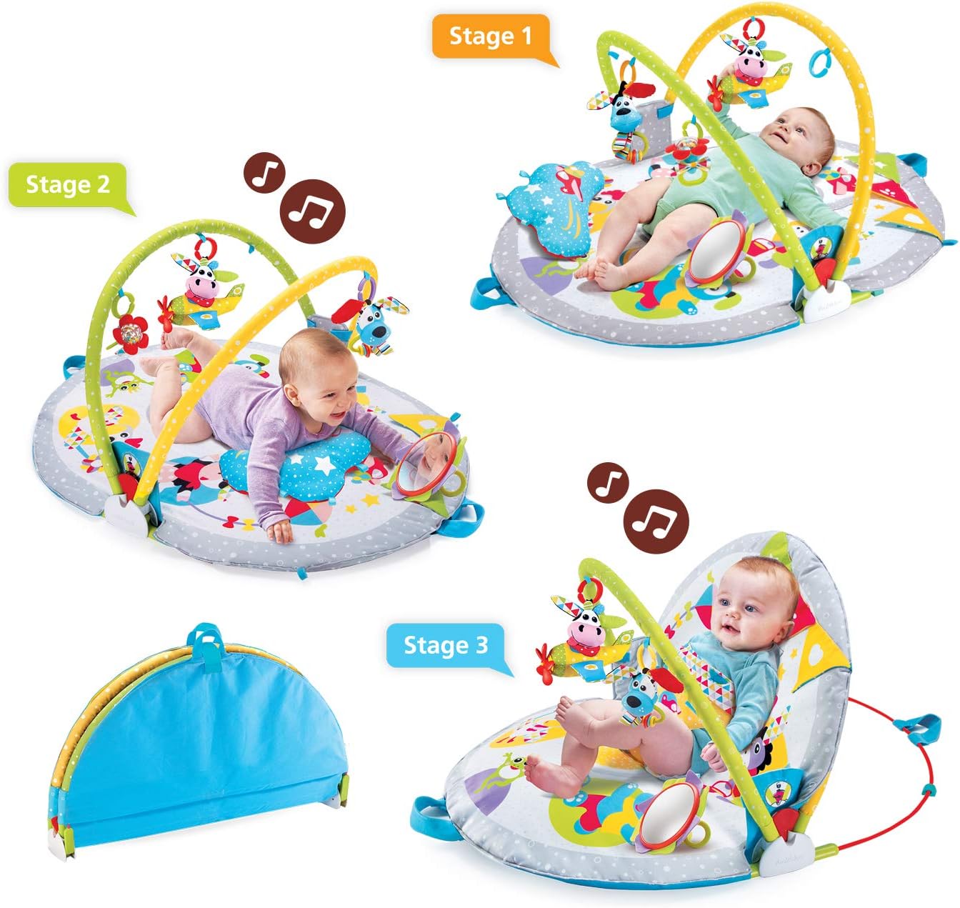 Baby Gym Lay to Sit-Up Playmat. 3-In-1 Newborns Activity Center with Tummy Time Toys, Pillow & Infant Miror. 0-12 Month