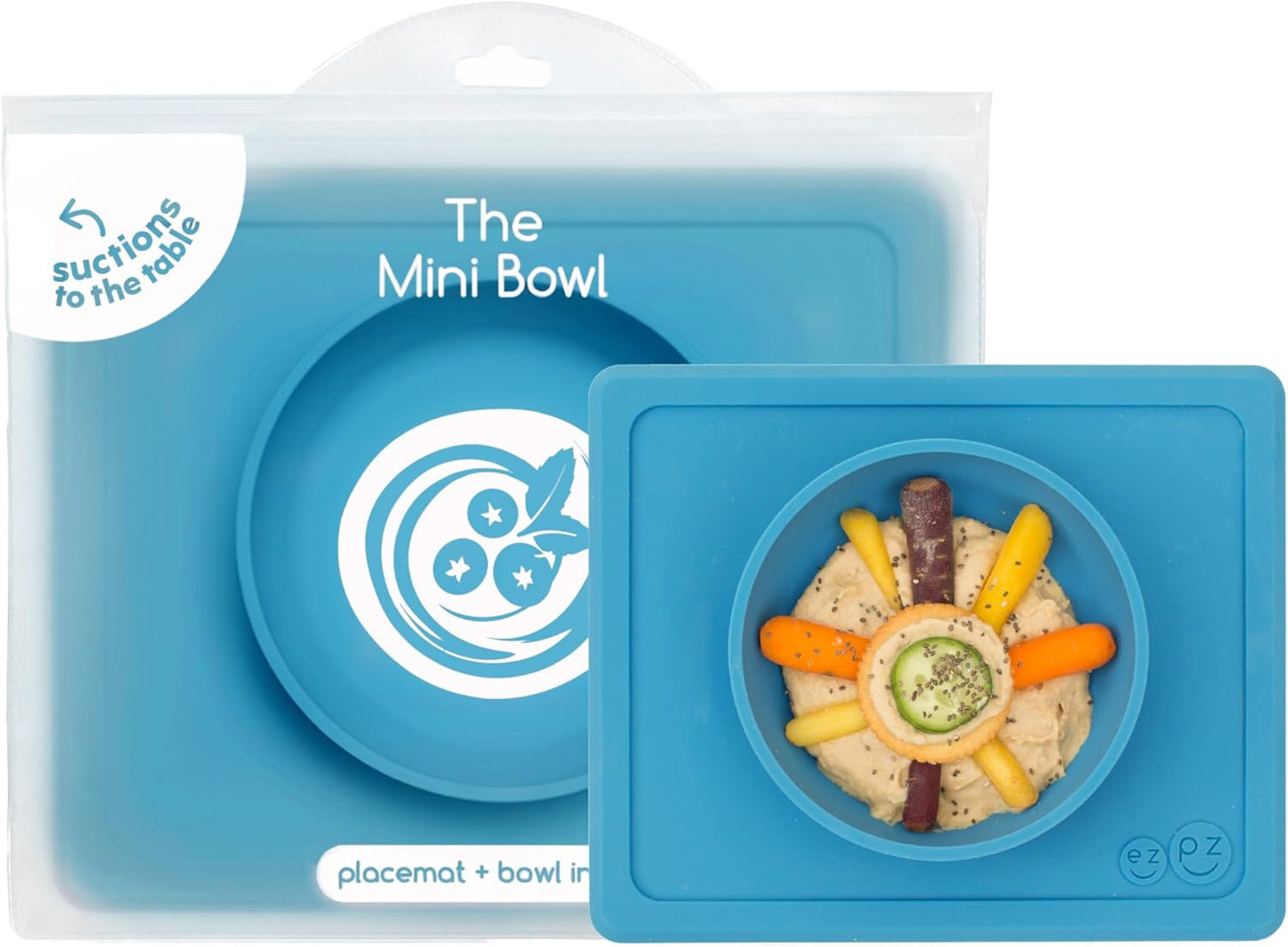 Mini Bowl (Blue) - 100% Silicone Suction Bowl with Built-In Placemat for Infants + Toddlers - Comes with a Reusable Travel Bag