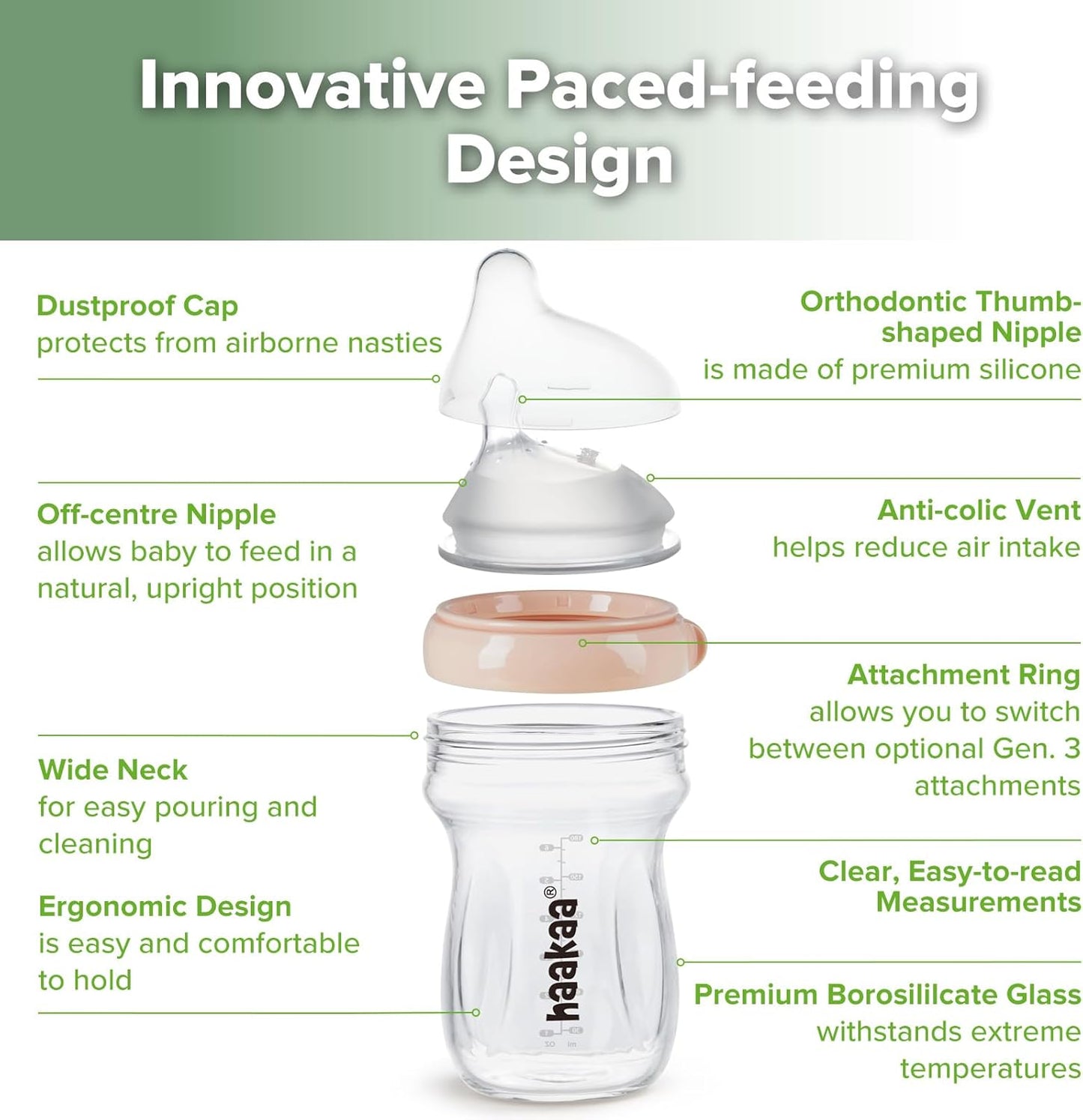 Gen.3 Natural Glass Baby Bottle -Wide Neck Anti-Colic Variable Flow Nipple - 6M+ Breastfed Babies Newborn Registry Essentials,Bpa-Free, 6 Oz/180 Ml, Peach