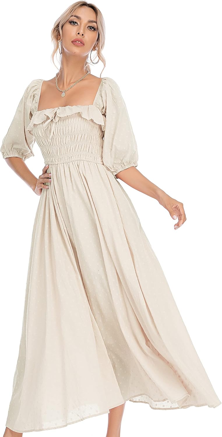 Women Summer Half Sleeve Cotton Ruffled Vintage Elegant Backless a Line Flowy Long Dresses