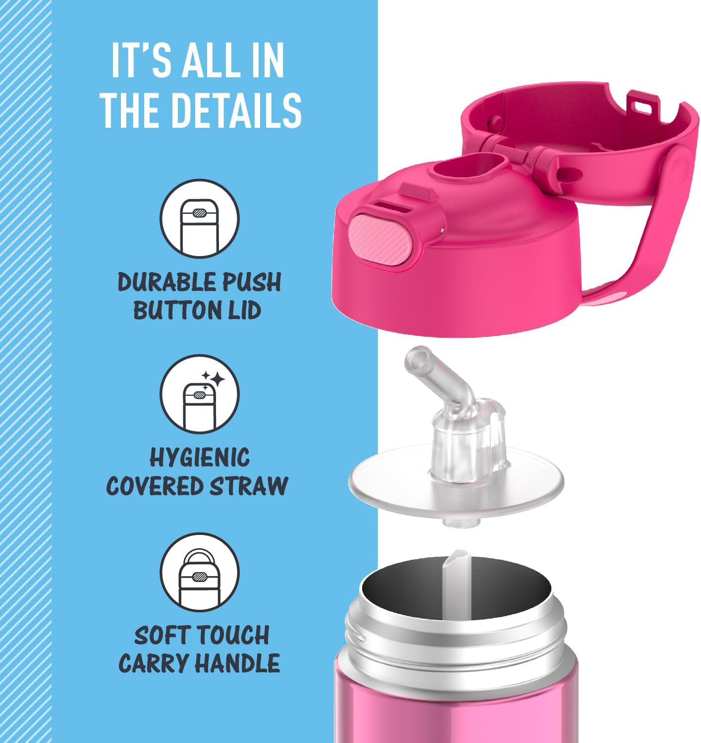 FUNTAINER 12 Ounce Stainless Steel Vacuum Insulated Kids Straw Bottle, Pink