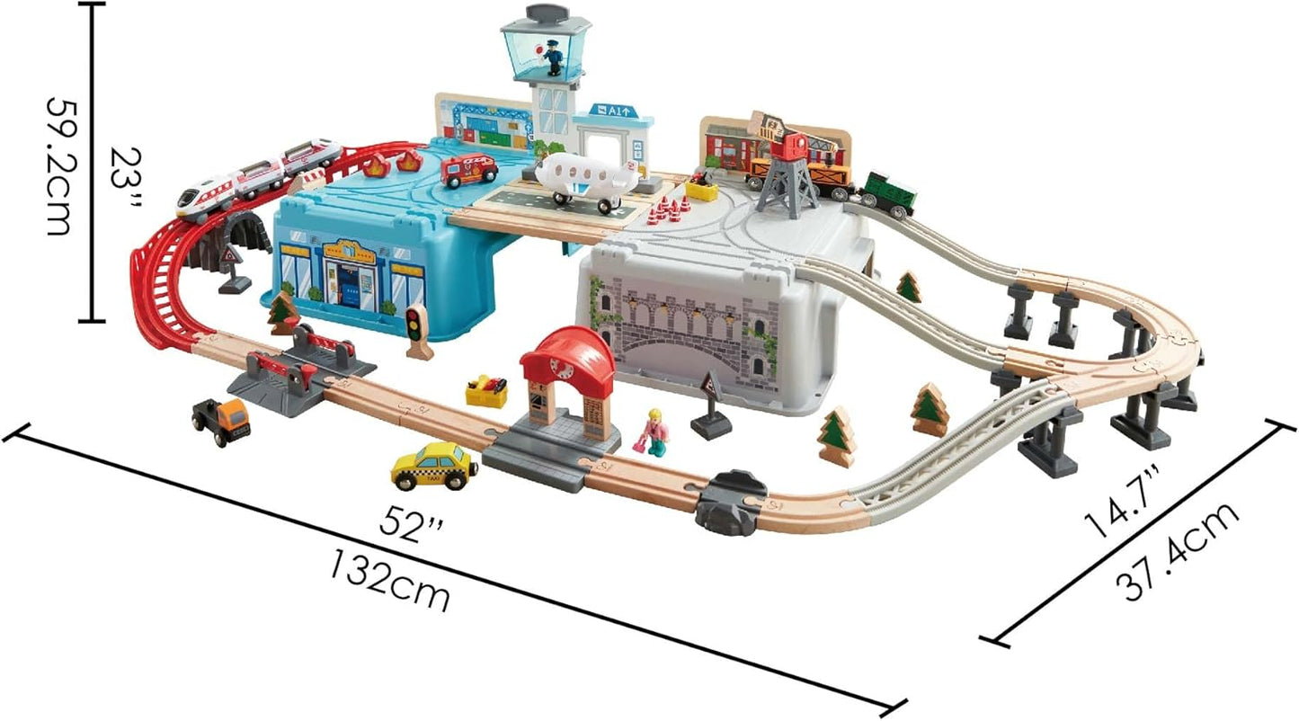 Super Cityscape Transport Bucket Set | Wooden Toy Train Set with City Scenes, Plane, Battery-Powered Engine, for Children 3+ Years