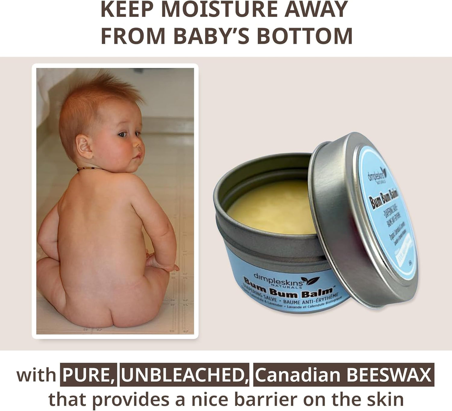 Dimpleskins All-Natural Baby Skin Cream | Bum Bum Balm (85 G) Zinc-Free | Soothe Bottom with Beeswax and Calendula, Jojoba Oil | Nourishing