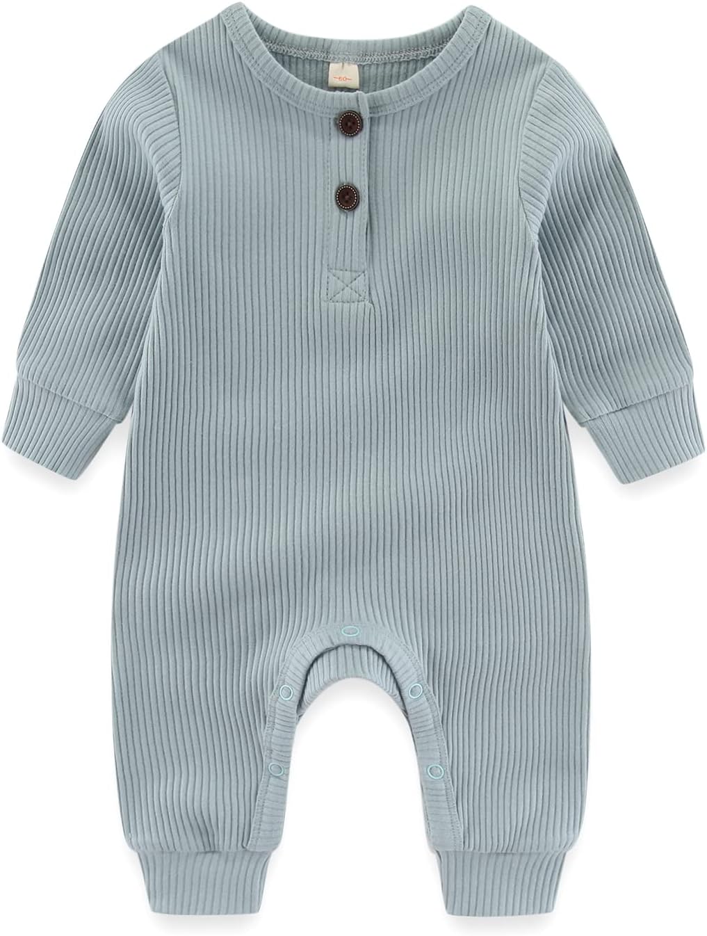 Newborn Baby Boys Girls One Piece Romper with Mitten Cuffs Solid Long Sleeve Ribbed Button Jumpsuit Outfit Clothes