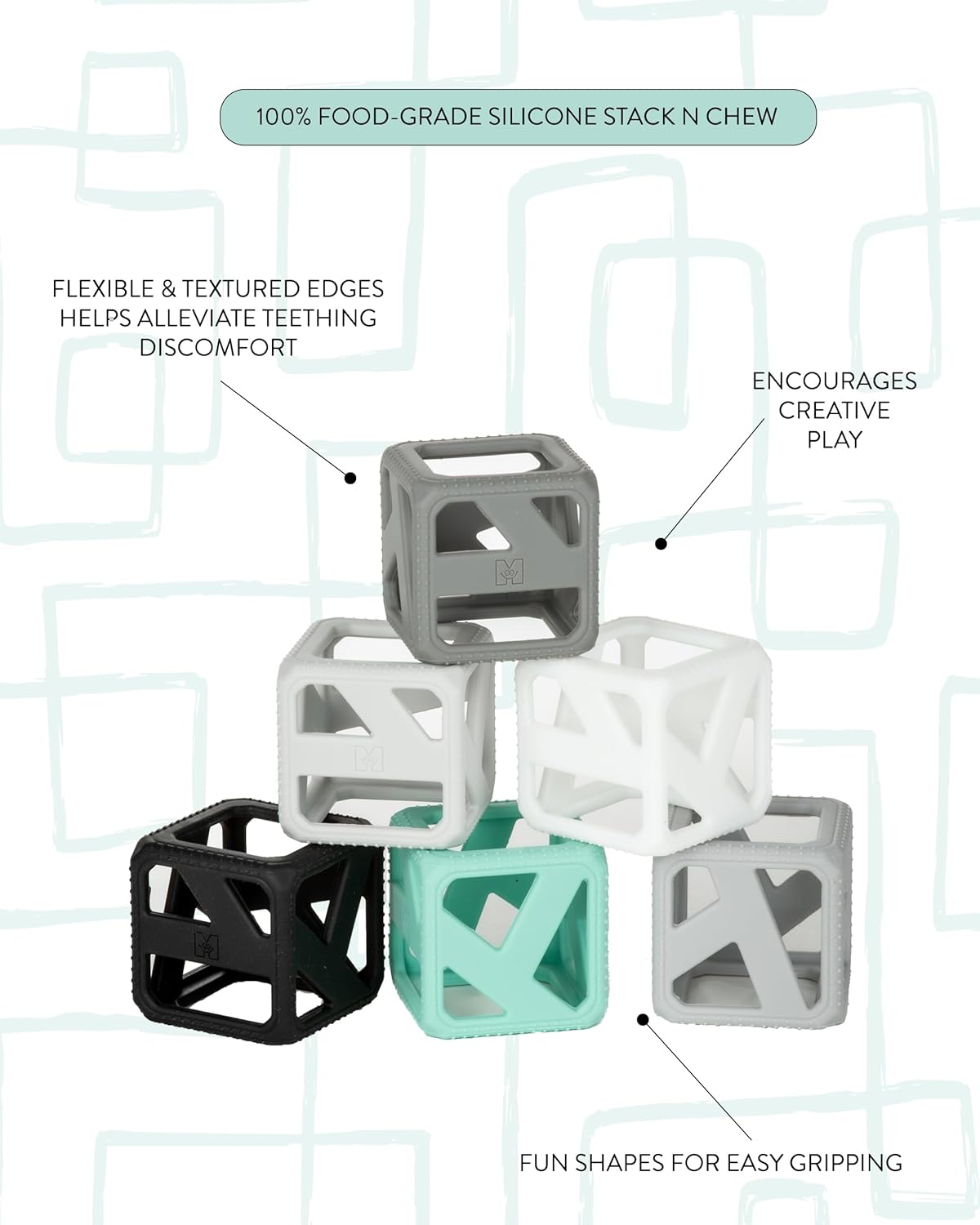Stack N Chew - Mini Cubes Baby Chew Toy Monochrome - Develops Fine Motor Skills, Increases Grip Strength, Stimulates Hand-Eye Coordination