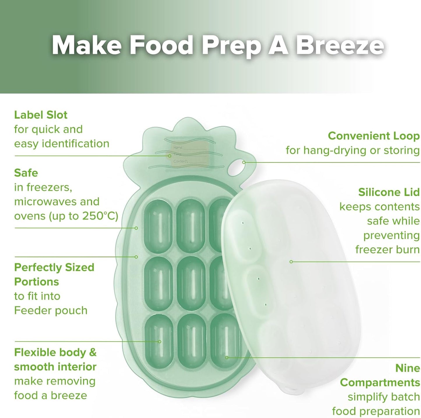 Silicone Nibble Tray- Breastmilk Popsicle Mold - Baby Fresh Food Freezer Feeder -Teethed Ice Cube Tray - Baby Self Feeding Led Weaning Plate -4M+ Baby - Pea Green