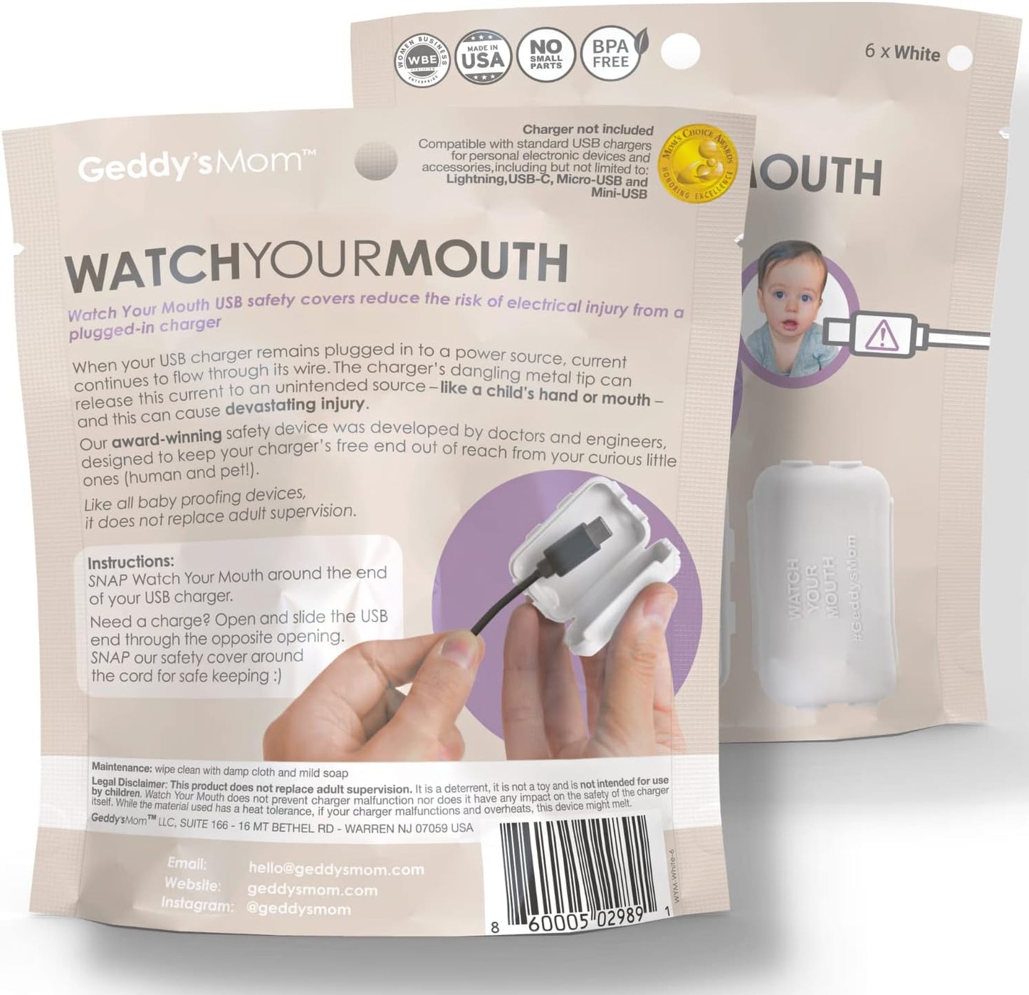 - Watch Your Mouth - the Award Winning USB Charger Child Safety Cover - Made in the USA - Baby Proofing Toddler Shock Prevention (6 Pack White)