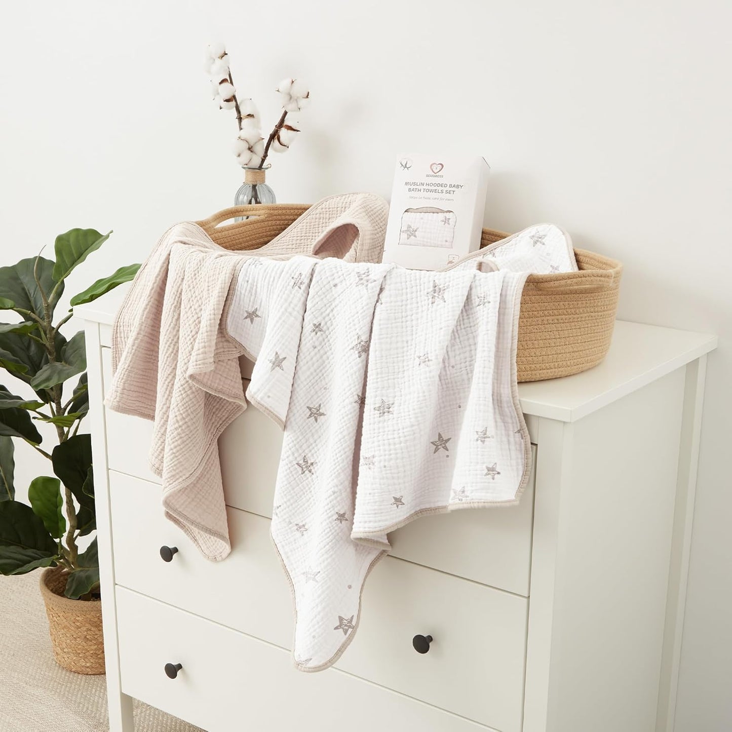 Muslin Baby Bath Towels 100% Cotton Baby Hooded Bathing Towels for Newborn Unisex Baby Boys Girls Infants Toddlers & Kids - 30X30In 2Pack (Cream Star)