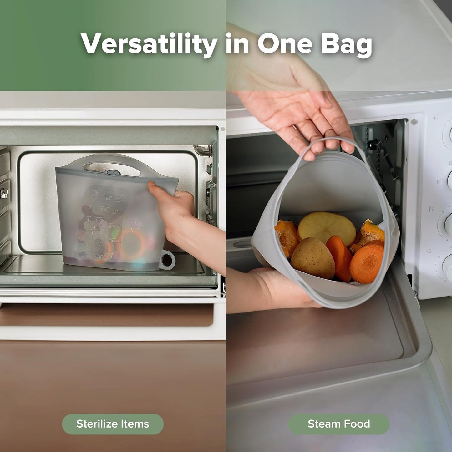 Silicone Microwave Steam Sterilizer Bags for Travel, Reusable Silicone Steaming Bags for Baby Bottles, Breast Pump, Accessories, Pacifiers and Teethers, Great for Home and On-The-Go, Grey (1PC)