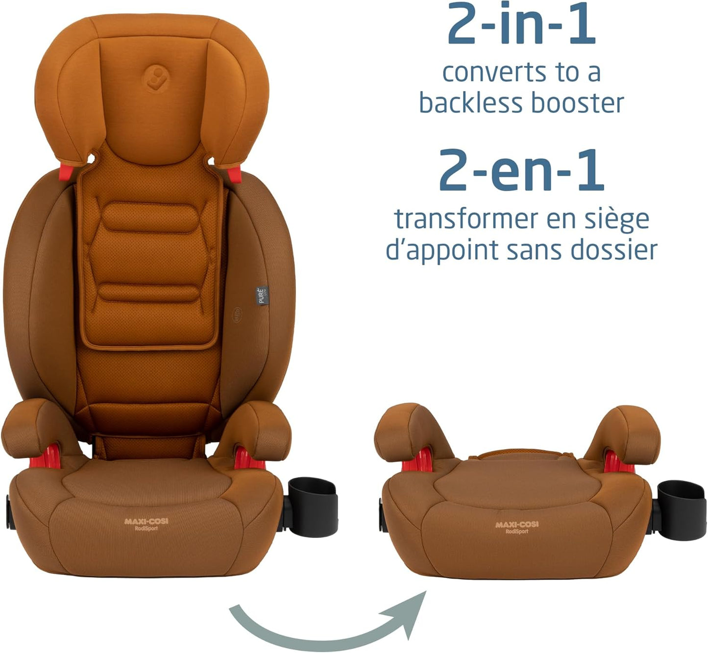 Rodisport 2-In-1 Convertible Booster Car Seat | High Back & Backless Modes | 7-Position Adjustable Height | Integrated Belt Guides | Rigid-Latch System | Cognac