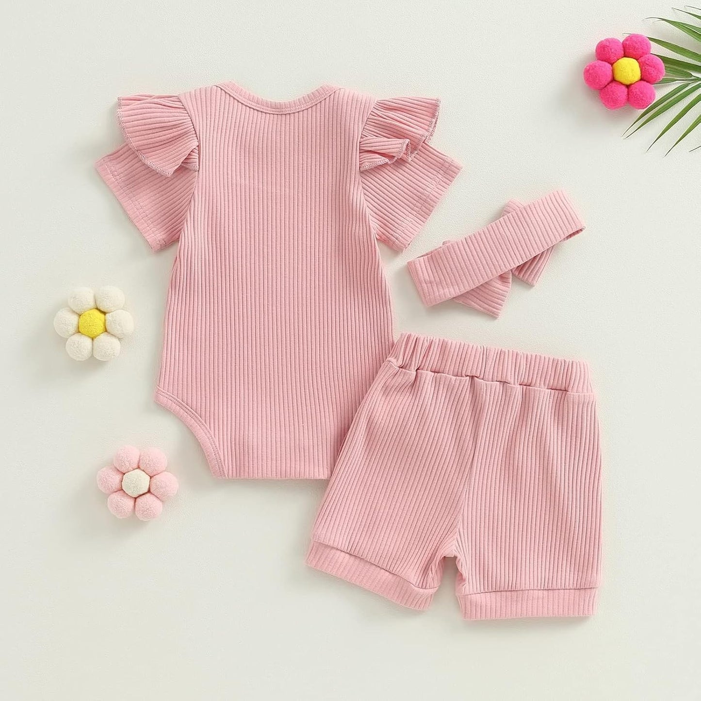 Newborn Girls Summer Outfits 3PCS Set - Ribbed Knit Romper + Shorts + Headband | Baby Girl Clothes Infant Bodysuit Set