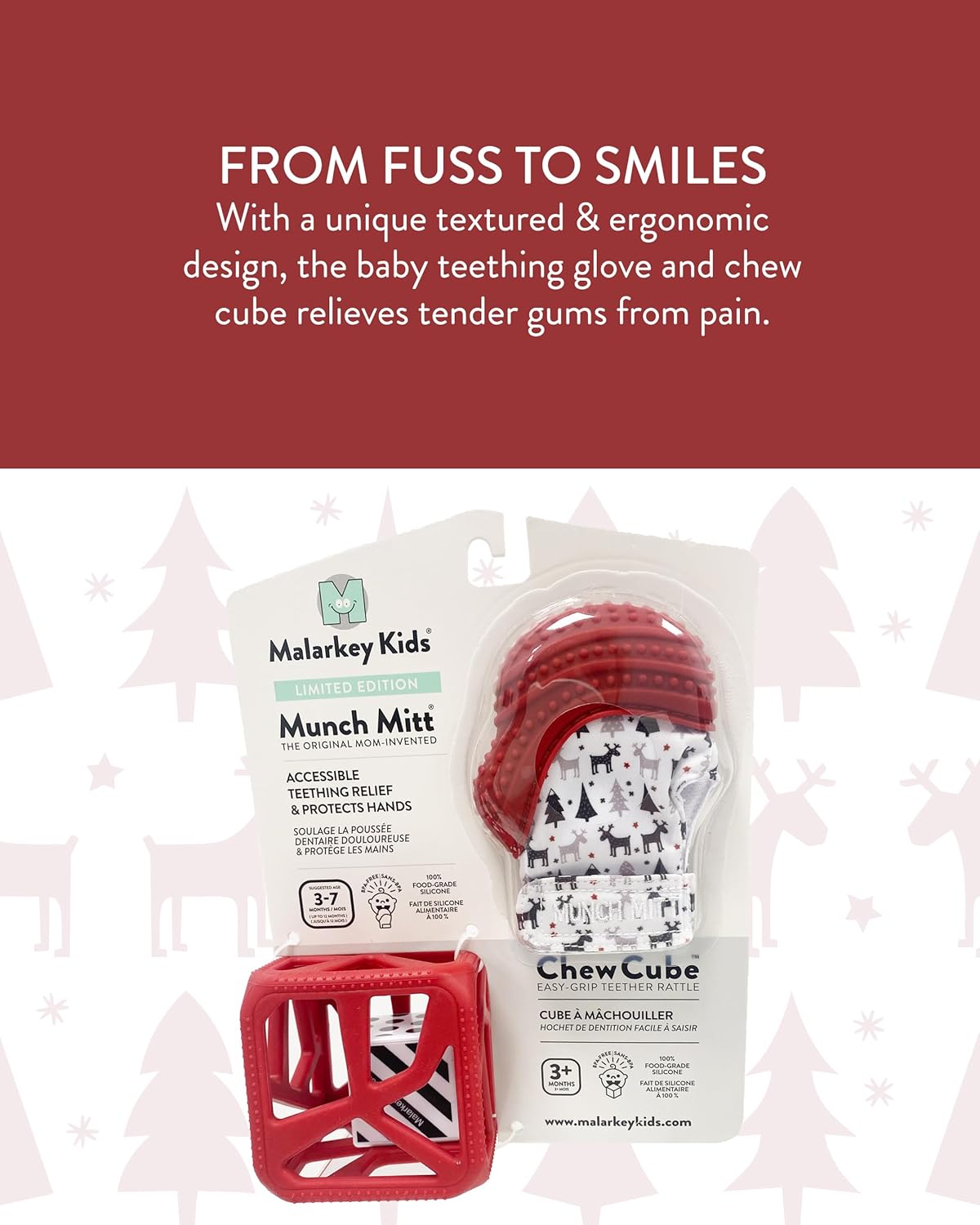 Teething Gift Pack: Munch Mitt and Chew Cube Duo for Babies and Toddlers – Baby Teething Toys for Gum Relief, Sensory Stimulation, Bpa-Free - Red