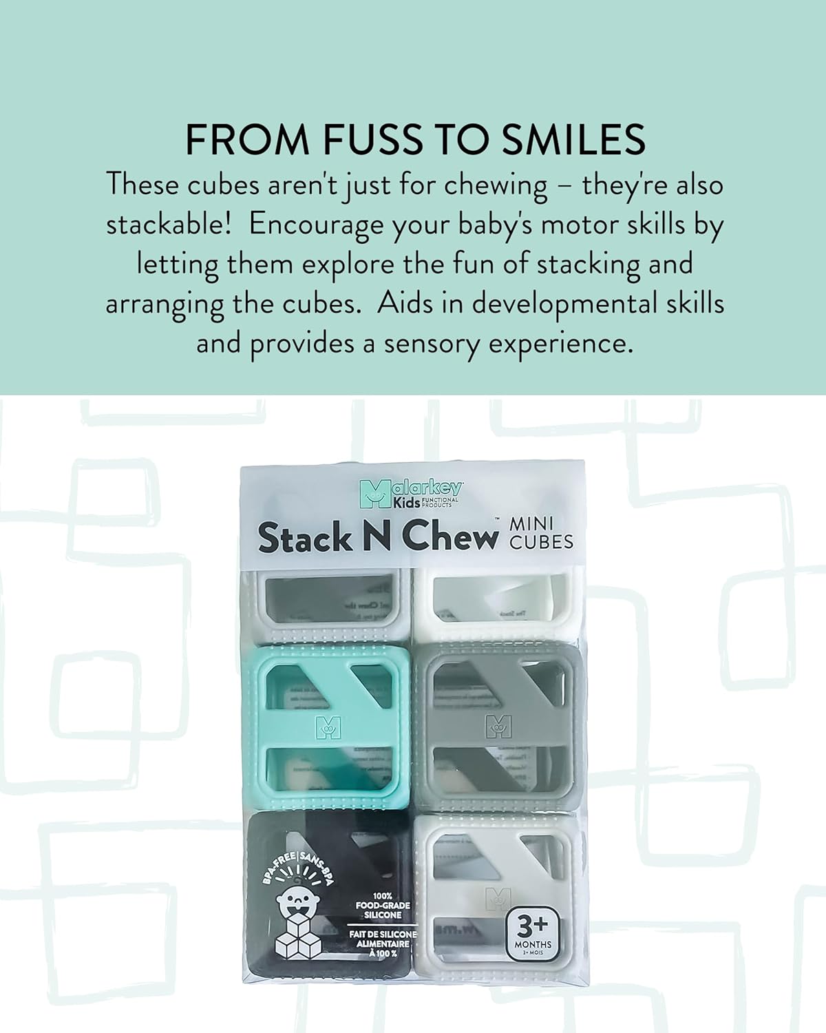 Stack N Chew - Mini Cubes Baby Chew Toy Monochrome - Develops Fine Motor Skills, Increases Grip Strength, Stimulates Hand-Eye Coordination