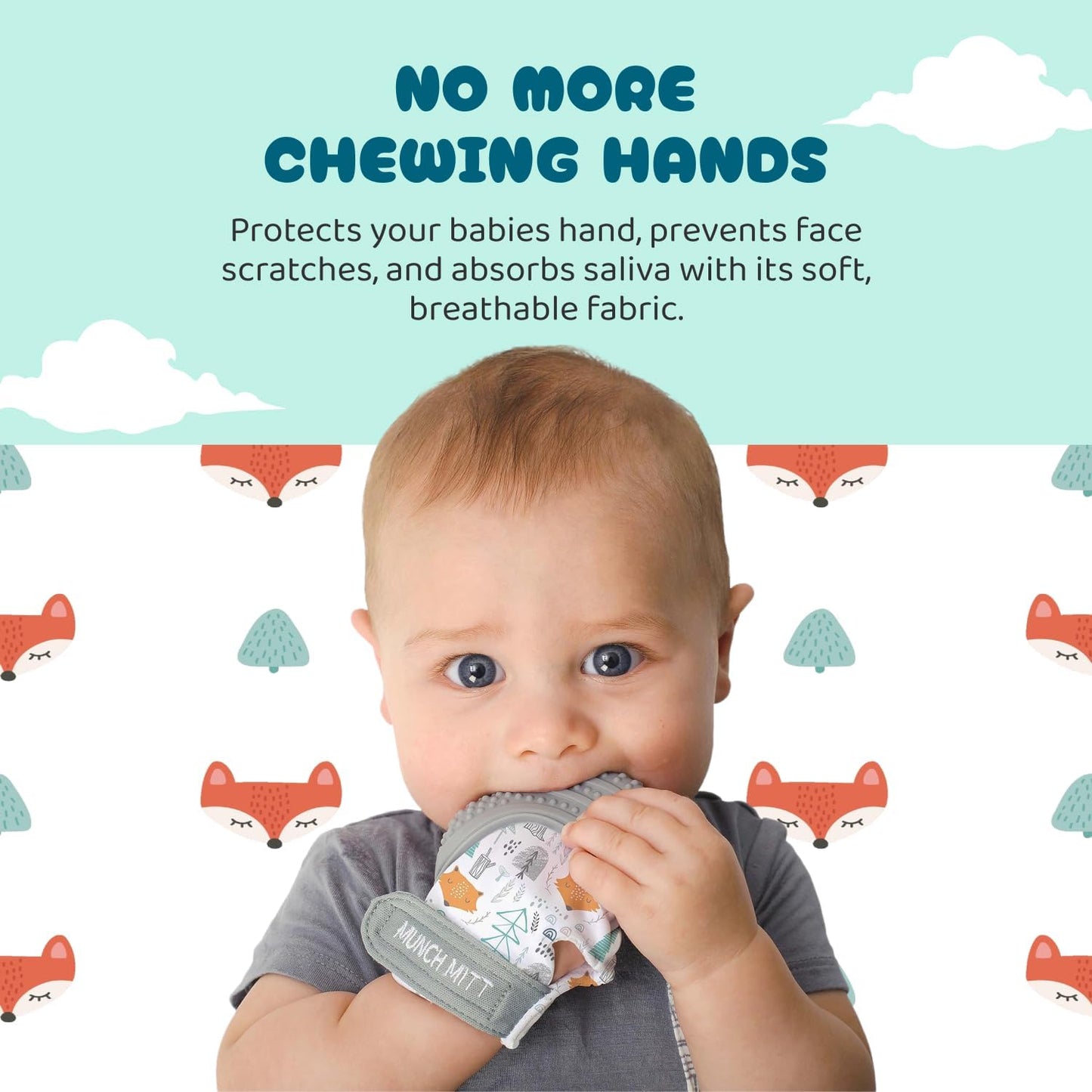 Patented Munch Mitt Baby Teething Mitten – Protects Hands from Chewing & Drool, Soothes Sore Gums, Sensory Toy, Bpa-Free Teether for Babies up to 1-Year-Old - Grey Fox