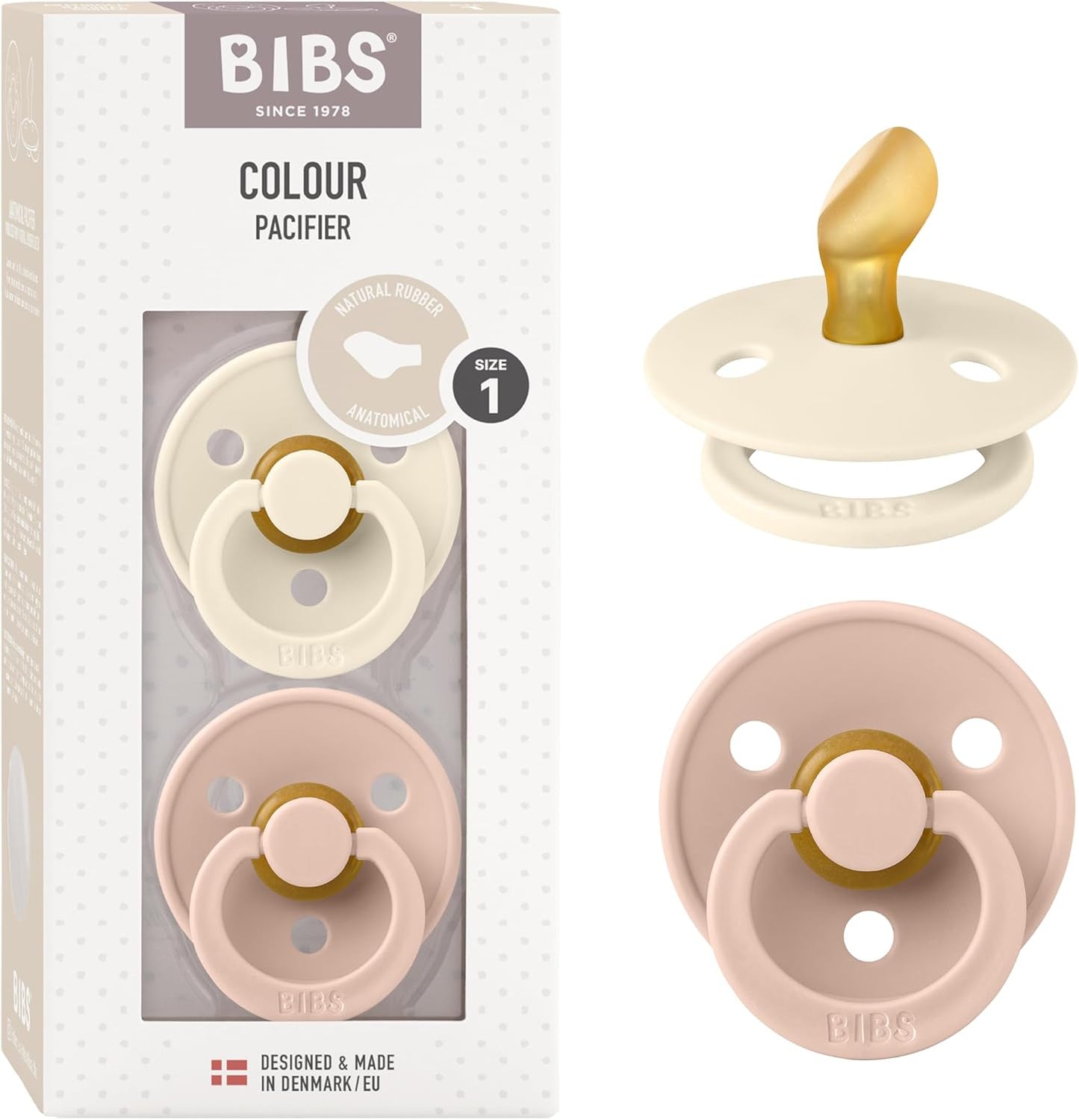 Pacifiers - Set of 2 | Colour Pacifier with Anatomical Nipple | Bpa-Free Natural Rubber | Made in Denmark | Ivory/Blush | Size 0-6 Months