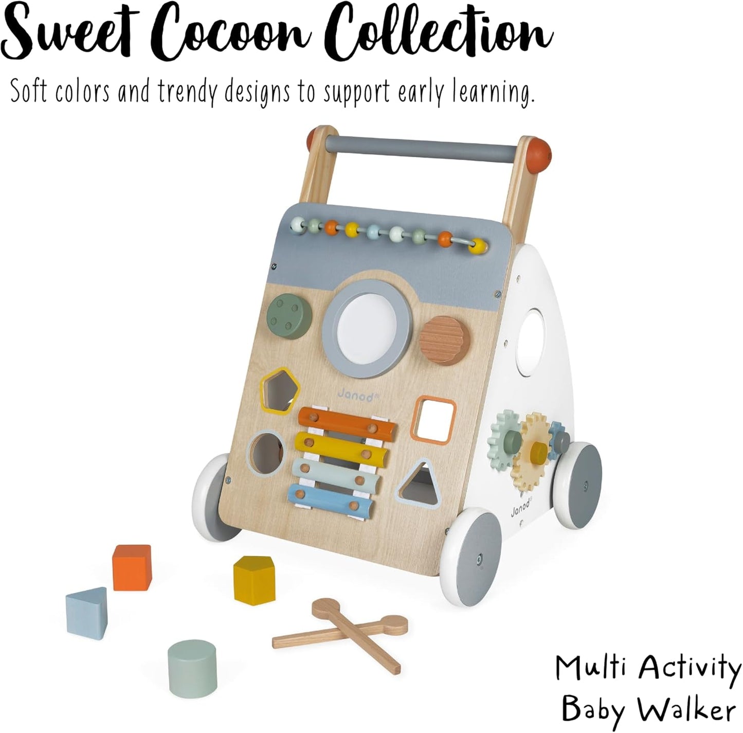 - Sweet Cocoon Multi-Activity Baby Walker - Wooden Trolley - Multiple Sorting Shapes - for Babies and Toddlers - from 12 Months - Multilingual - J04410.