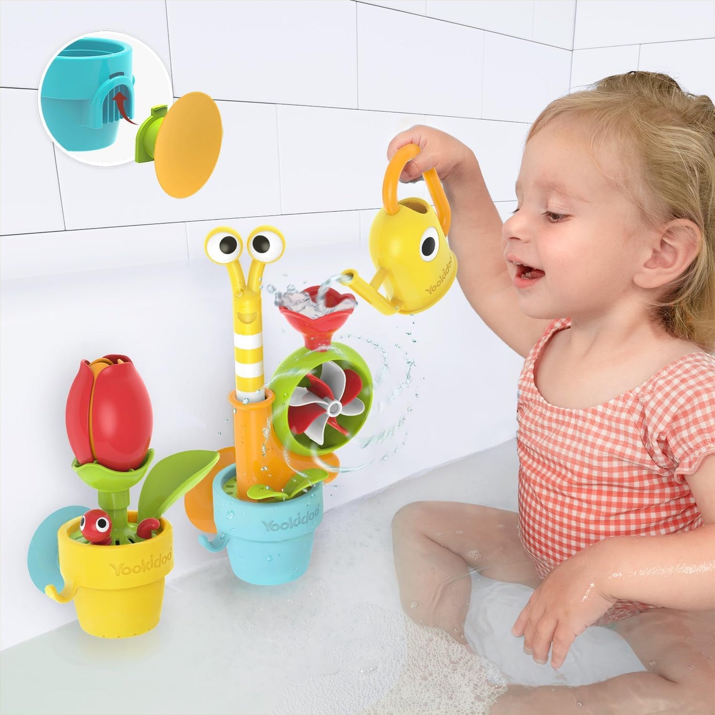 Toddler Baby Bath Toy (Ages 1-3) Garden Adventure Set Bundle: Snail & Flower with Watering Can (Mold Free) Attach to Any Tub, Shower Fun for Bath Time - Great for Boys , Girls & Kids