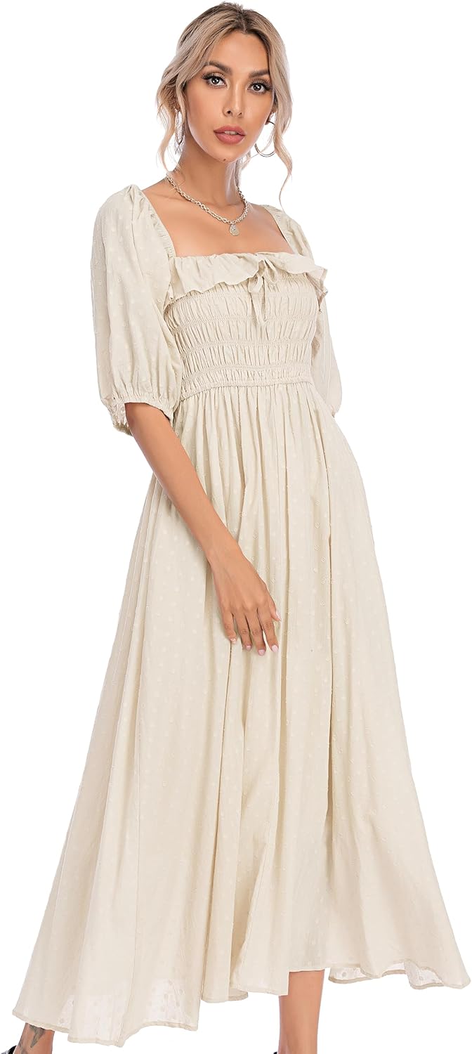 Women Summer Half Sleeve Cotton Ruffled Vintage Elegant Backless a Line Flowy Long Dresses