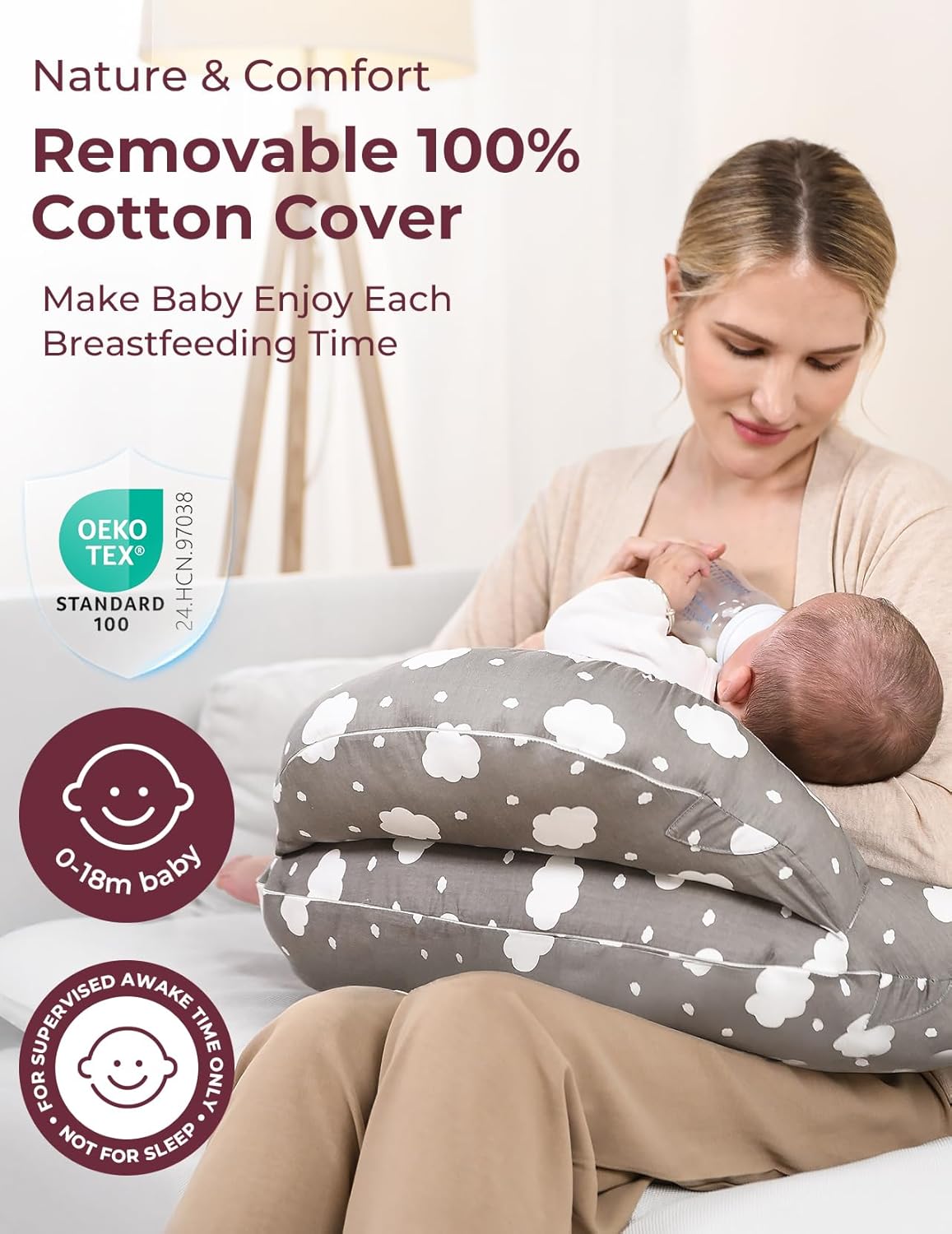Nursing Pillow for Breastfeeding, Original plus Size Breastfeeding Pillows for More Support for Mom and Baby, with Adjustable Waist Strap and Removable Cotton Cover, Grey
