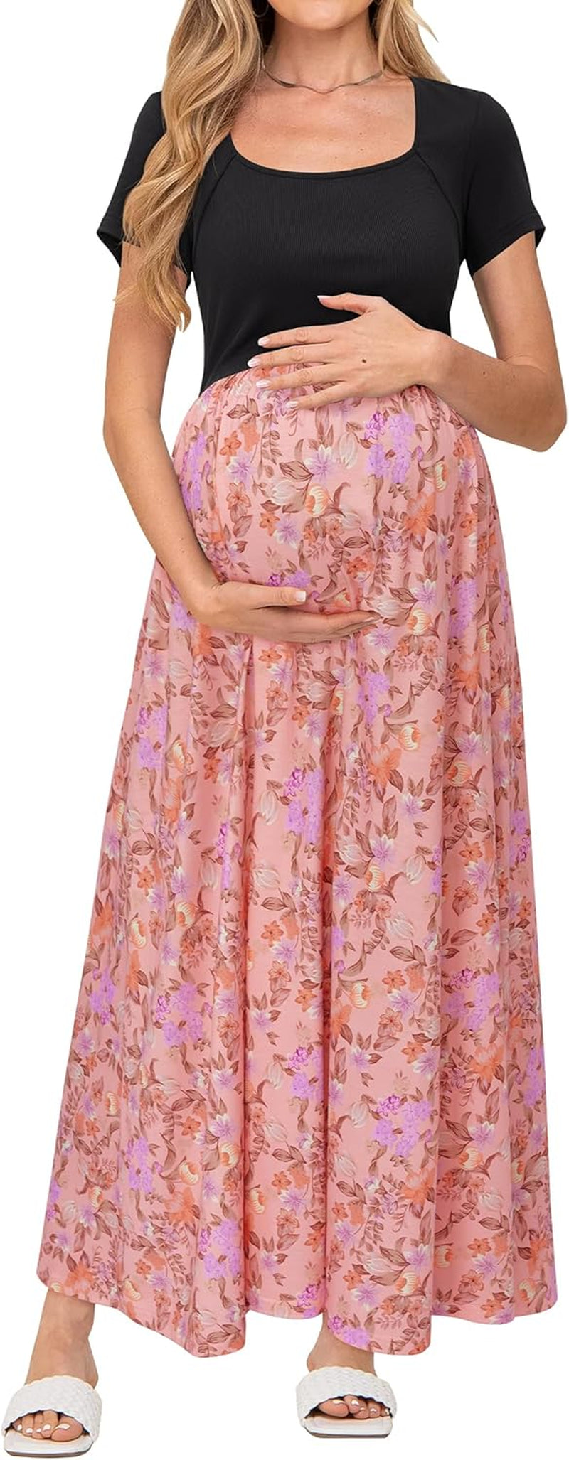 Womens 2025 Summer Maternity Maxi Dress for Baby Shower Short Sleeve Pregnancy Casual Long Dress with Pockets