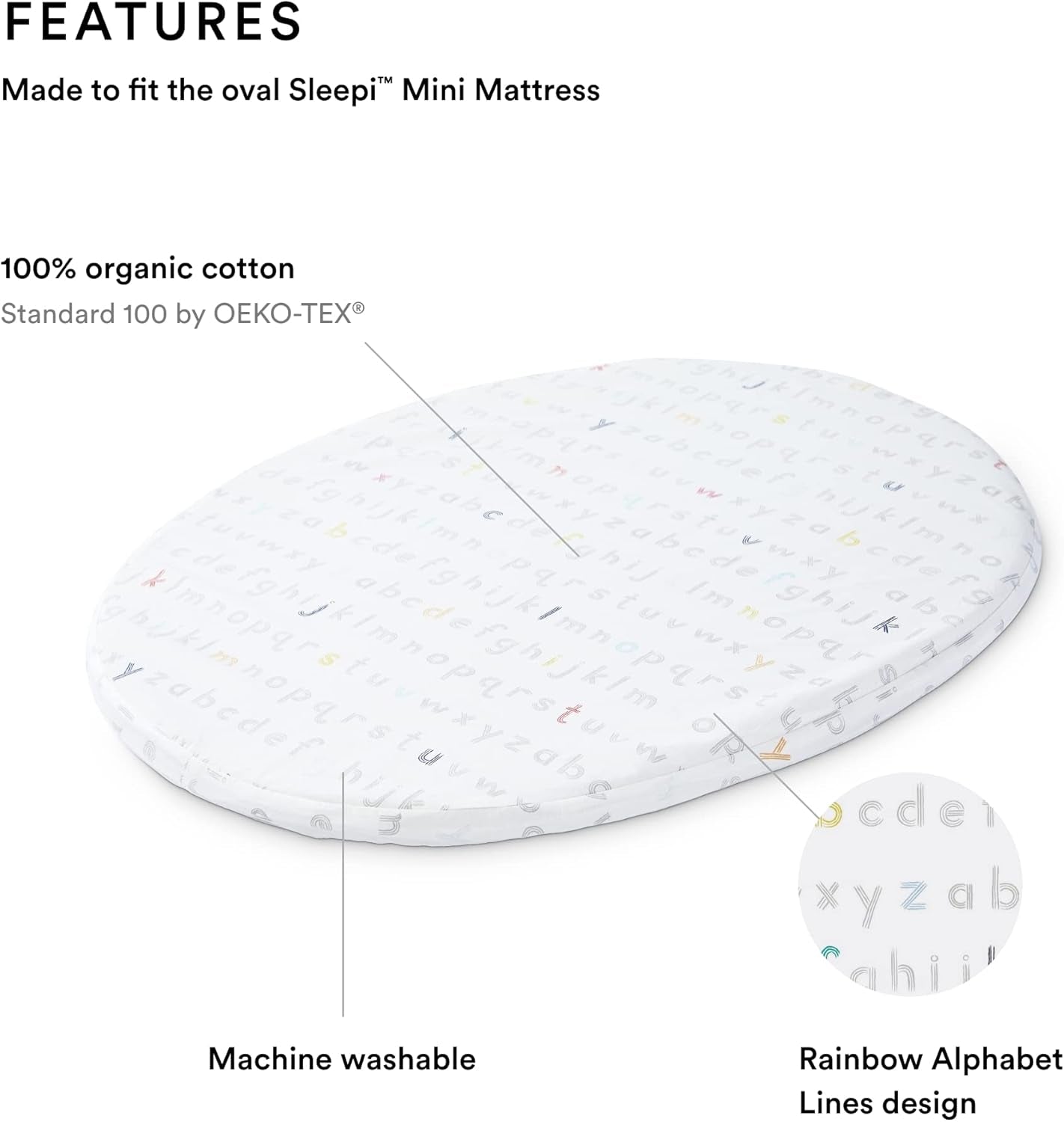 Sleepi Mini Fitted Sheet by Pehr, Rainbow Alphabet Lines - Soft, 100% Organic Fitted Sheets - Made for Oval Sleepi Mini Mattress - Safe Sleeping - Available in Playful Patterns