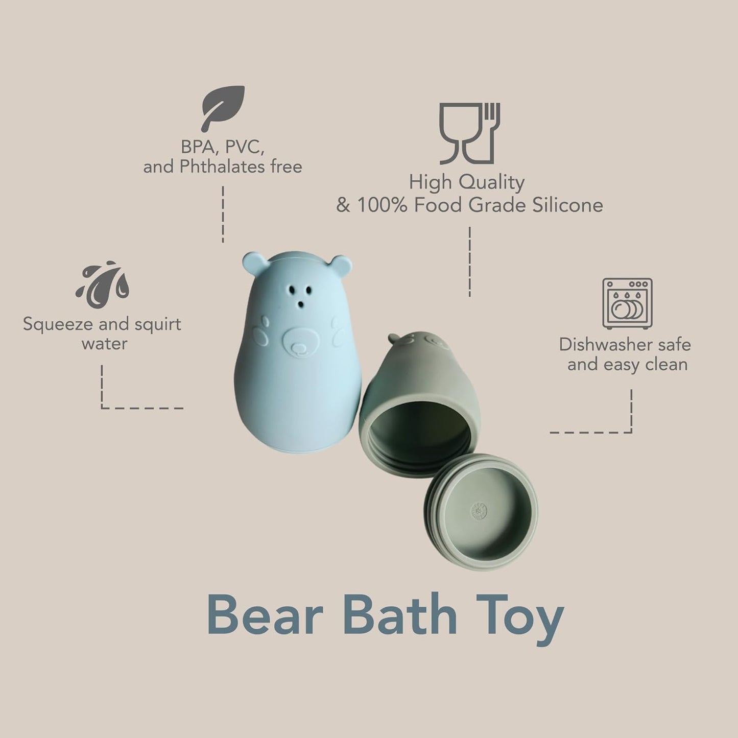 Nouka Bear Bath Toys | 2-Pack | 100% Food-Grade Silicone | Squeeze & Squirt Water | Safe & Soft | Dishwasher Friendly | Soft Blush/Shifting Sand