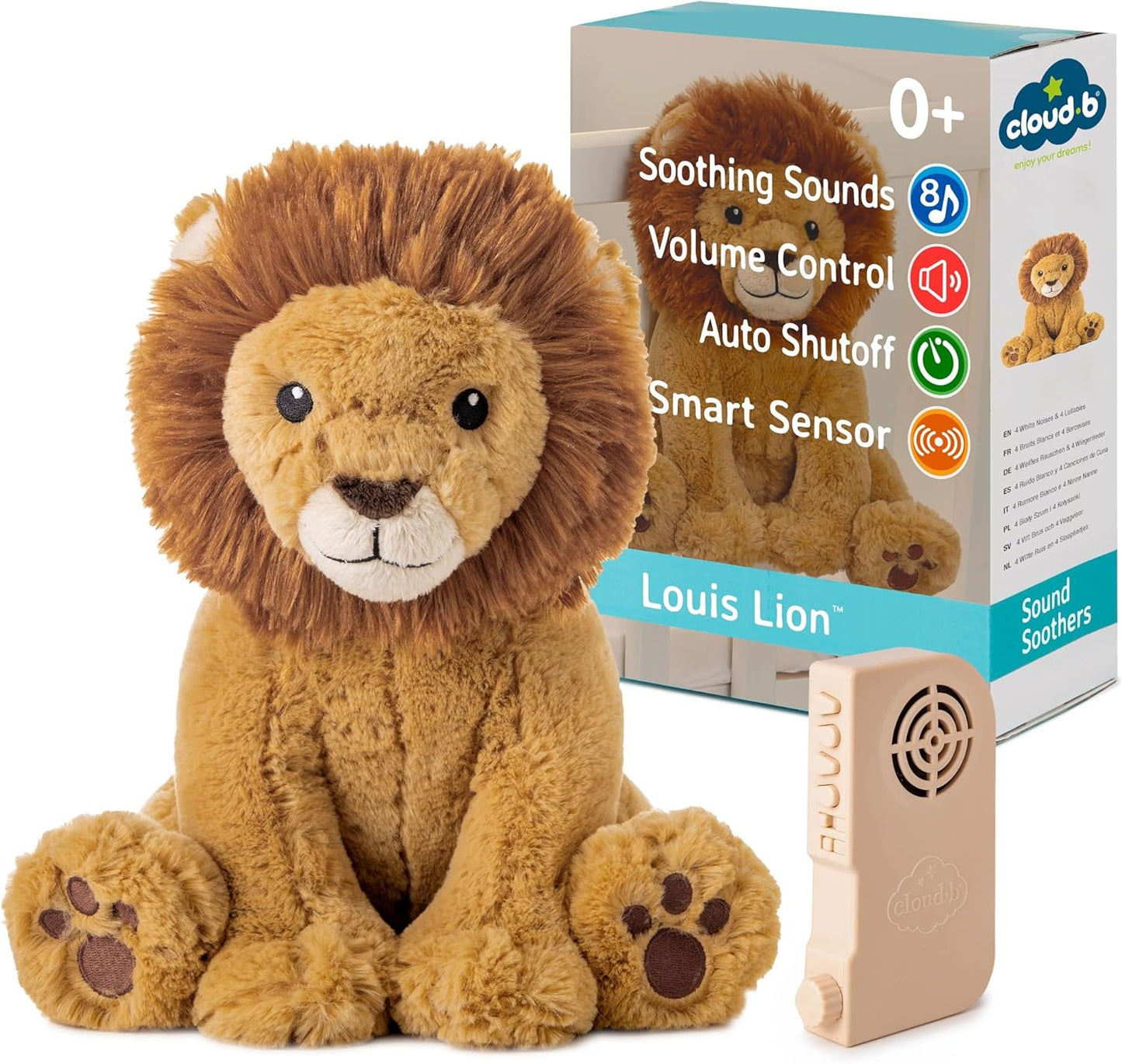 Sound Machine with White Noise Soothing Sounds | Cuddly Stuffed Animal | Adjustable Settings and Auto-Shutoff | Louis Lion Smart Sensor