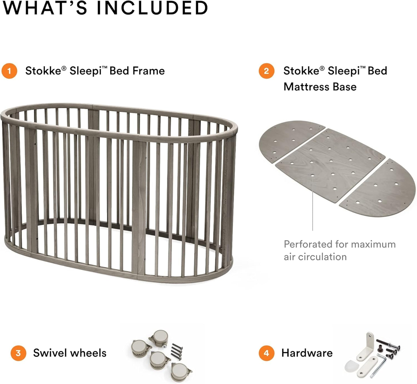 Sleepi Bed, Hazy Grey - Oval Crib Suitable for Ages 0-5 Years Old - Adjustable, Stylish & Flexible - Sturdy Beech Wood Frame