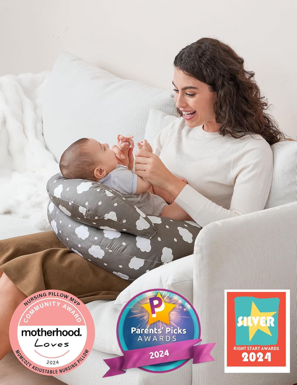 Nursing Pillow for Breastfeeding, Original plus Size Breastfeeding Pillows for More Support for Mom and Baby, with Adjustable Waist Strap and Removable Cotton Cover, Grey