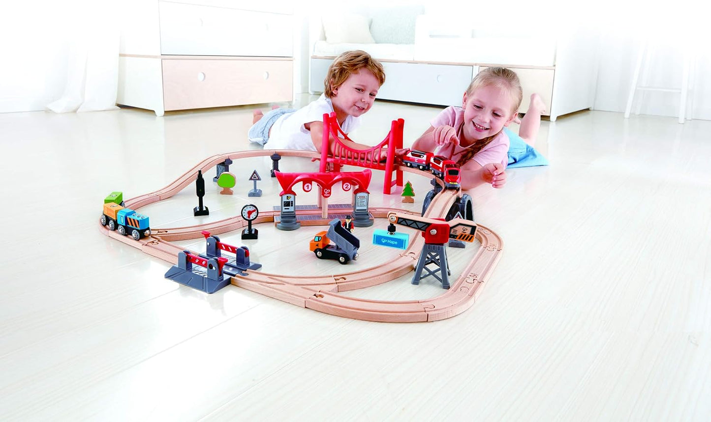 Busy City Train Rail Set | Complete City Themed Wooden Rail Toy Set for Toddlers with Passenger Train, Freight Train, Station, Play Figurines, and More, Multicolor, Model:E3730