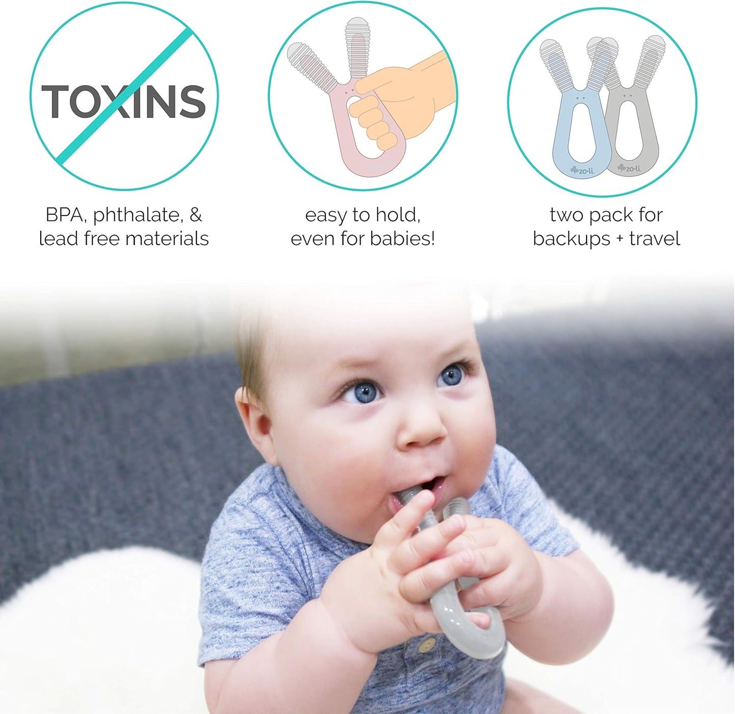 Bunny Dual Nub Teether, 2 Pack Baby Teething Relief, Soft and Textured - Mist/Ash