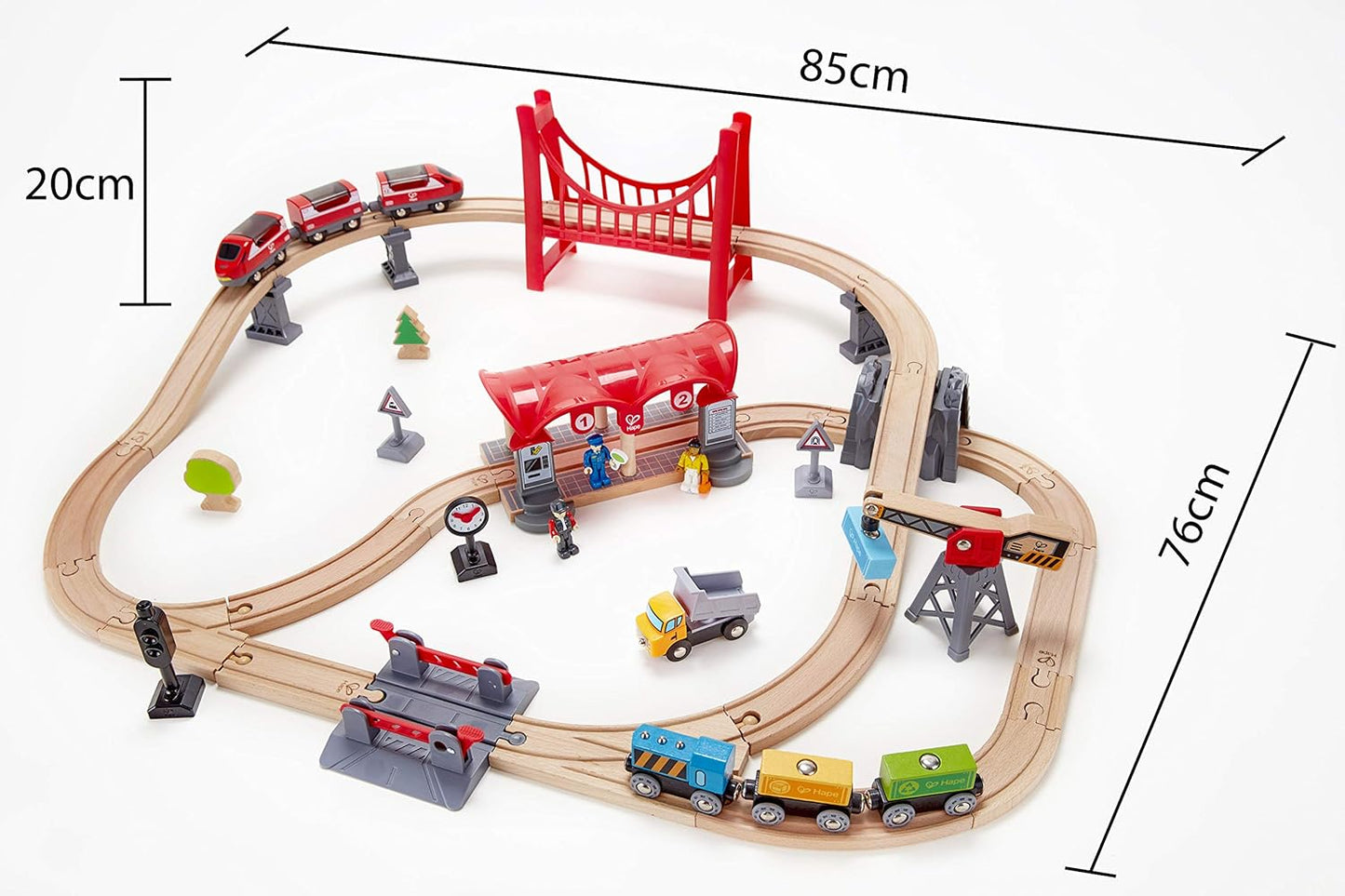 Busy City Train Rail Set | Complete City Themed Wooden Rail Toy Set for Toddlers with Passenger Train, Freight Train, Station, Play Figurines, and More, Multicolor, Model:E3730