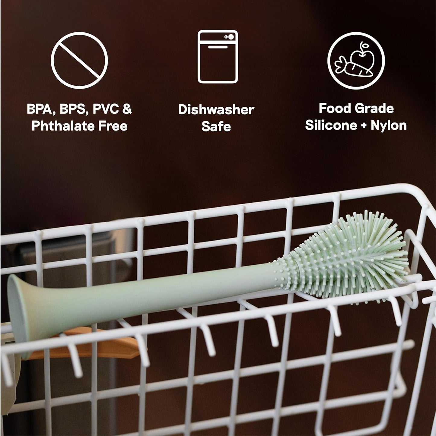 Bottle Brush Cleaner (Sage) - 100% Silicone Reusable Durable Long-Lasting Hypo-Allergenic Brush with Suction Base for Cleaning Dishes, Cookware and Feeding Accessories